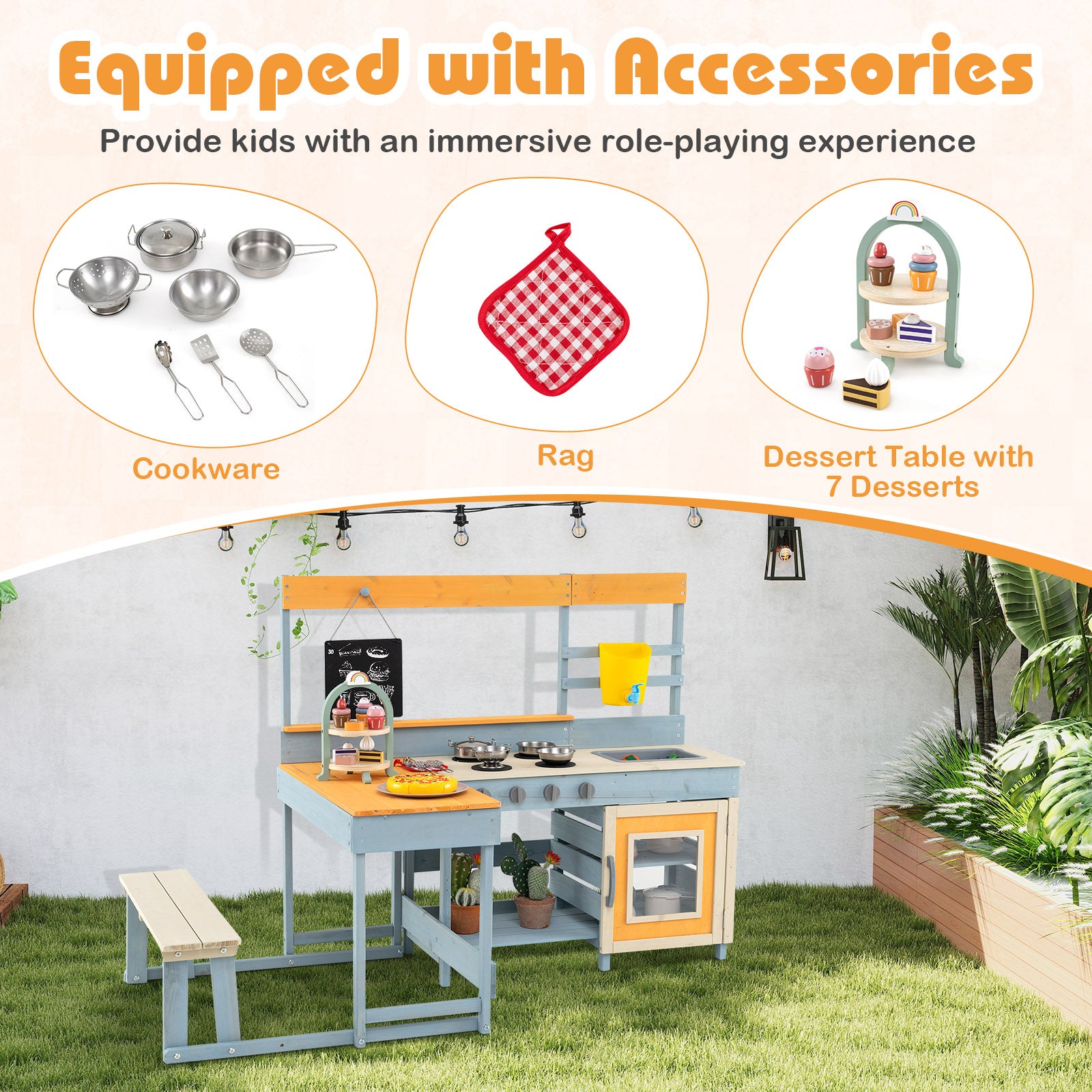 Fir Wood Play Kitchen with Kids Picnic Table and Built-in Bench-Grey, Gray Play Kitchen Sets at Gallery Canada