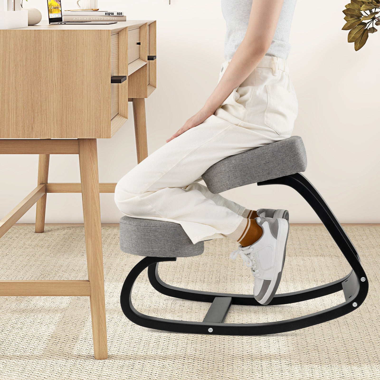 Wooden Ergonomic Rocking Kneeling Backless Chair with Padded Cushion-Grey, Gray Kneeling Chiars at Gallery Canada