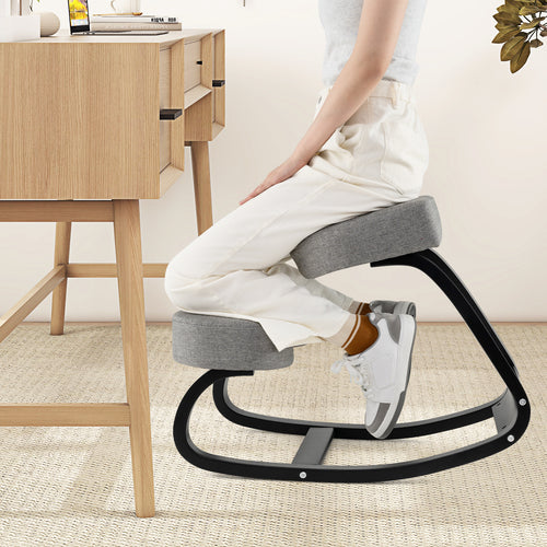 Wooden Ergonomic Rocking Kneeling Backless Chair with Padded Cushion-Grey, Gray