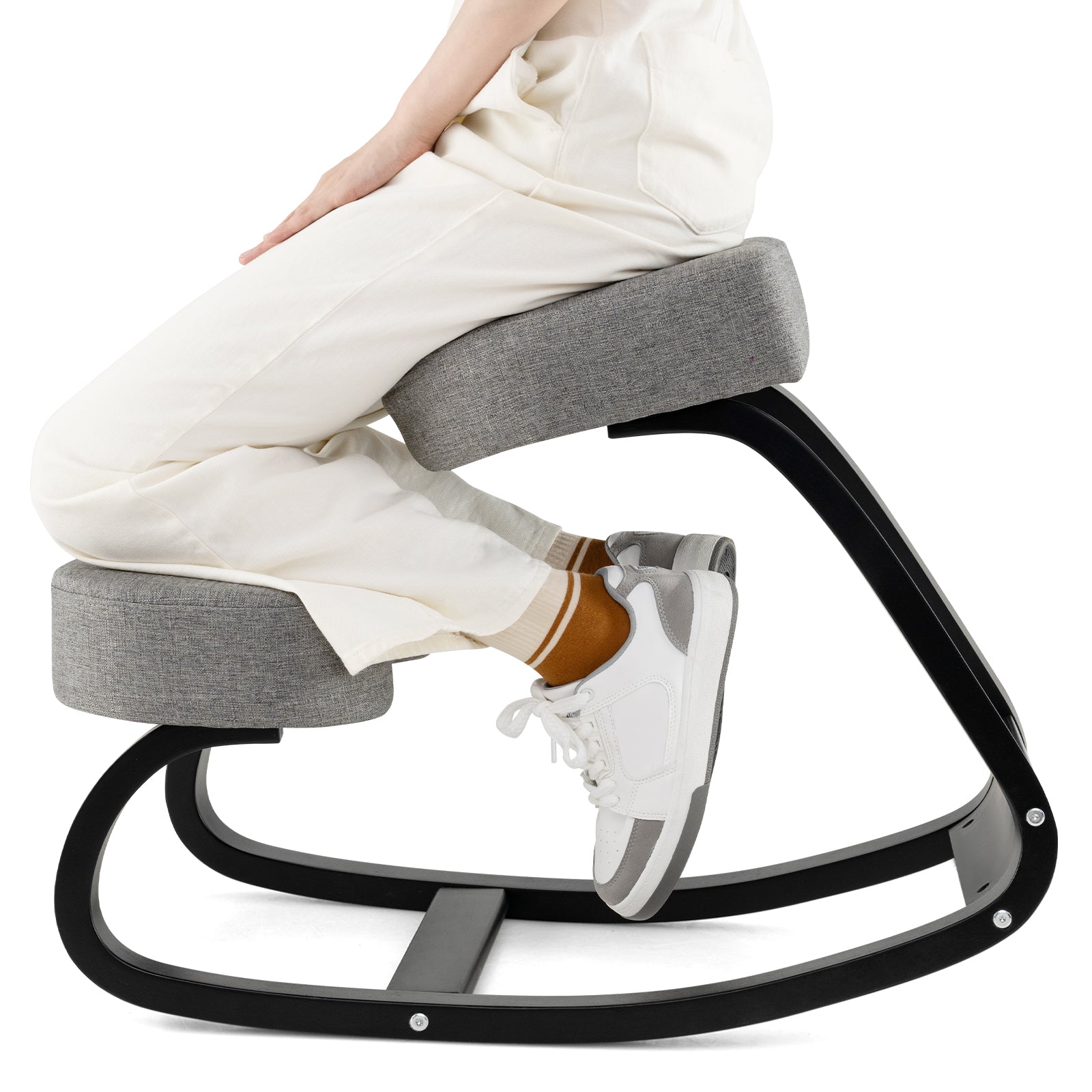Wooden Ergonomic Rocking Kneeling Backless Chair with Padded Cushion-Grey, Gray Kneeling Chiars at Gallery Canada