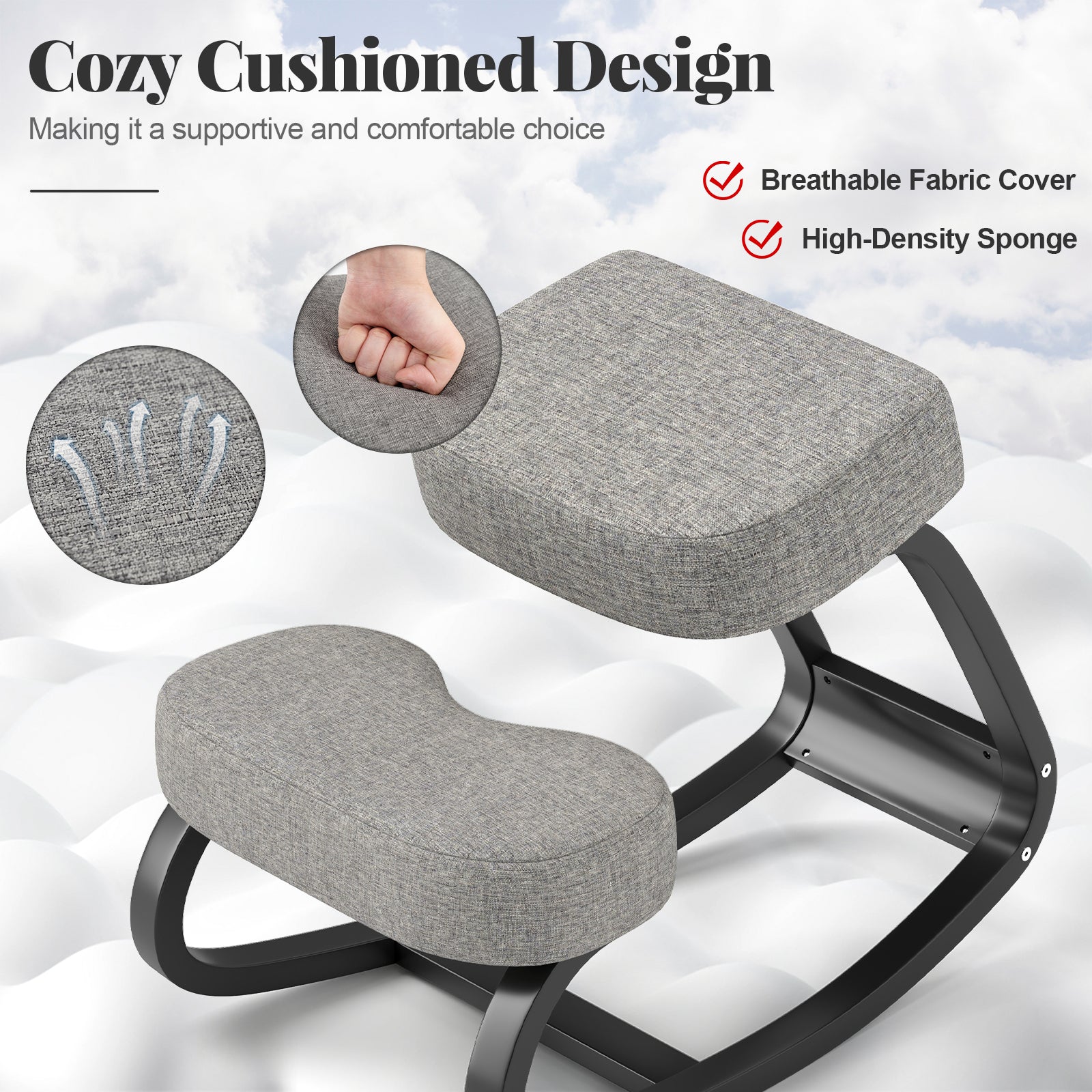 Wooden Ergonomic Rocking Kneeling Backless Chair with Padded Cushion-Grey, Gray Kneeling Chiars at Gallery Canada