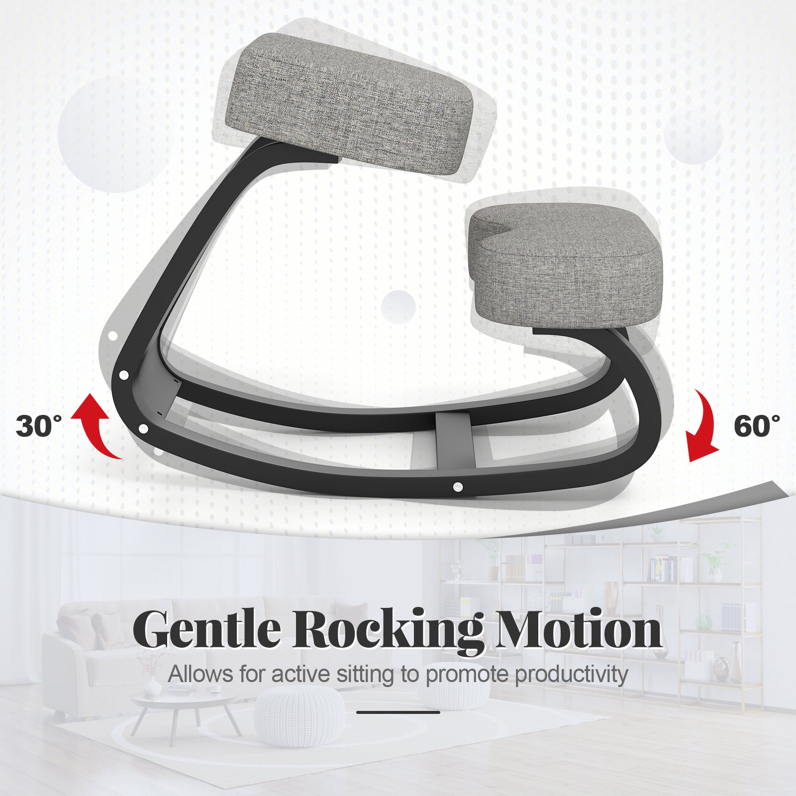 Wooden Ergonomic Rocking Kneeling Backless Chair with Padded Cushion-Grey, Gray Kneeling Chiars at Gallery Canada
