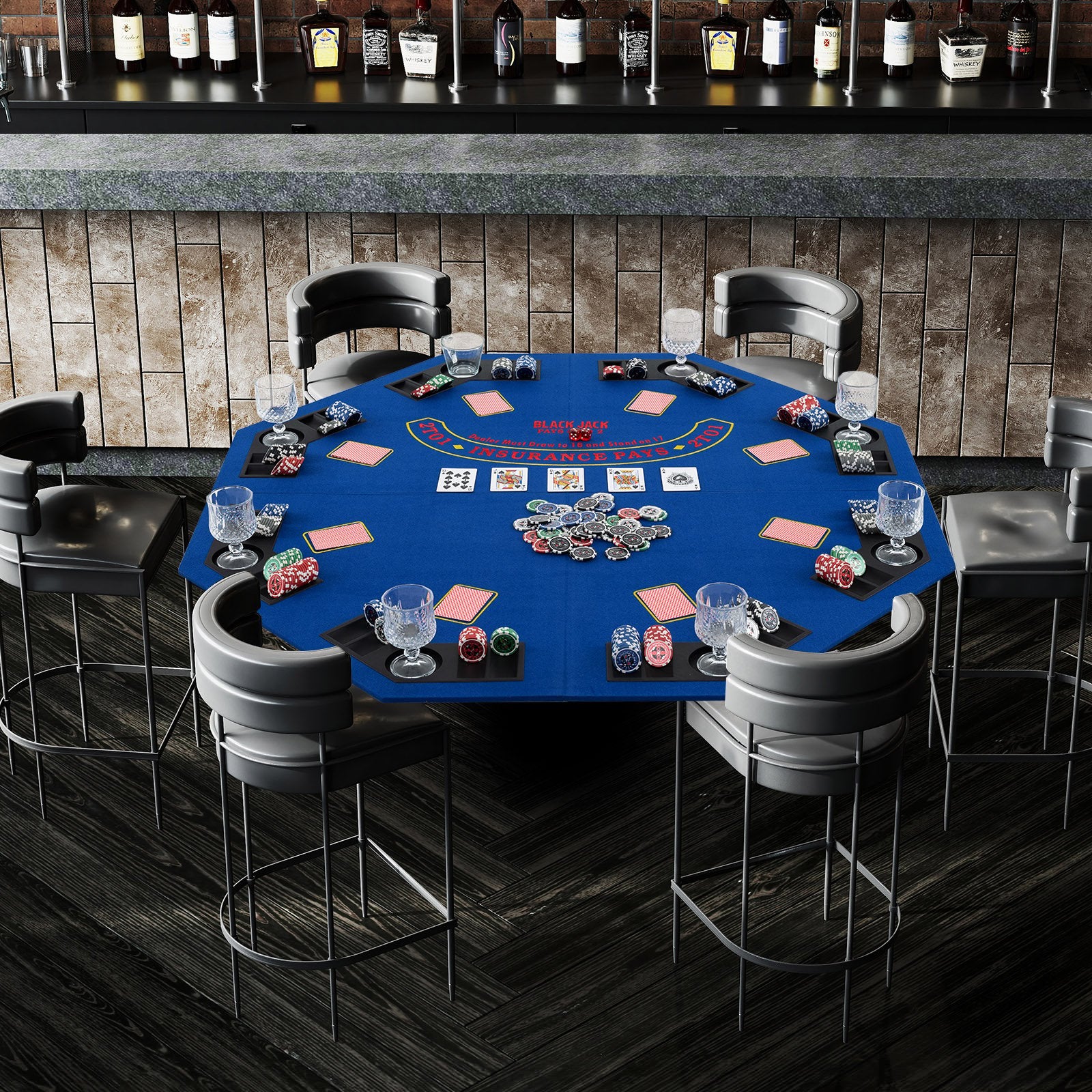 48 Inch 8-Player Foldable Poker Table Top with Carrying Bag and Cup Holders, Blue Game Room at Gallery Canada