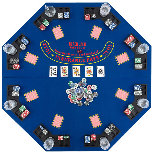 48 Inch 8-Player Foldable Poker Table Top with Carrying Bag and Cup Holders, Blue