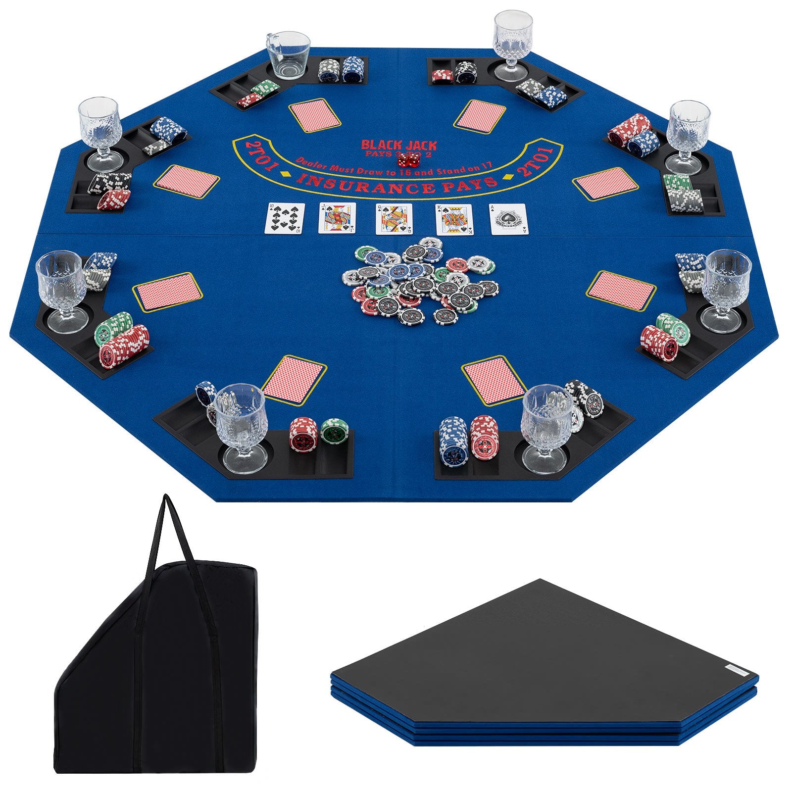 48 Inch 8-Player Foldable Poker Table Top with Carrying Bag and Cup Holders, Blue Game Room at Gallery Canada