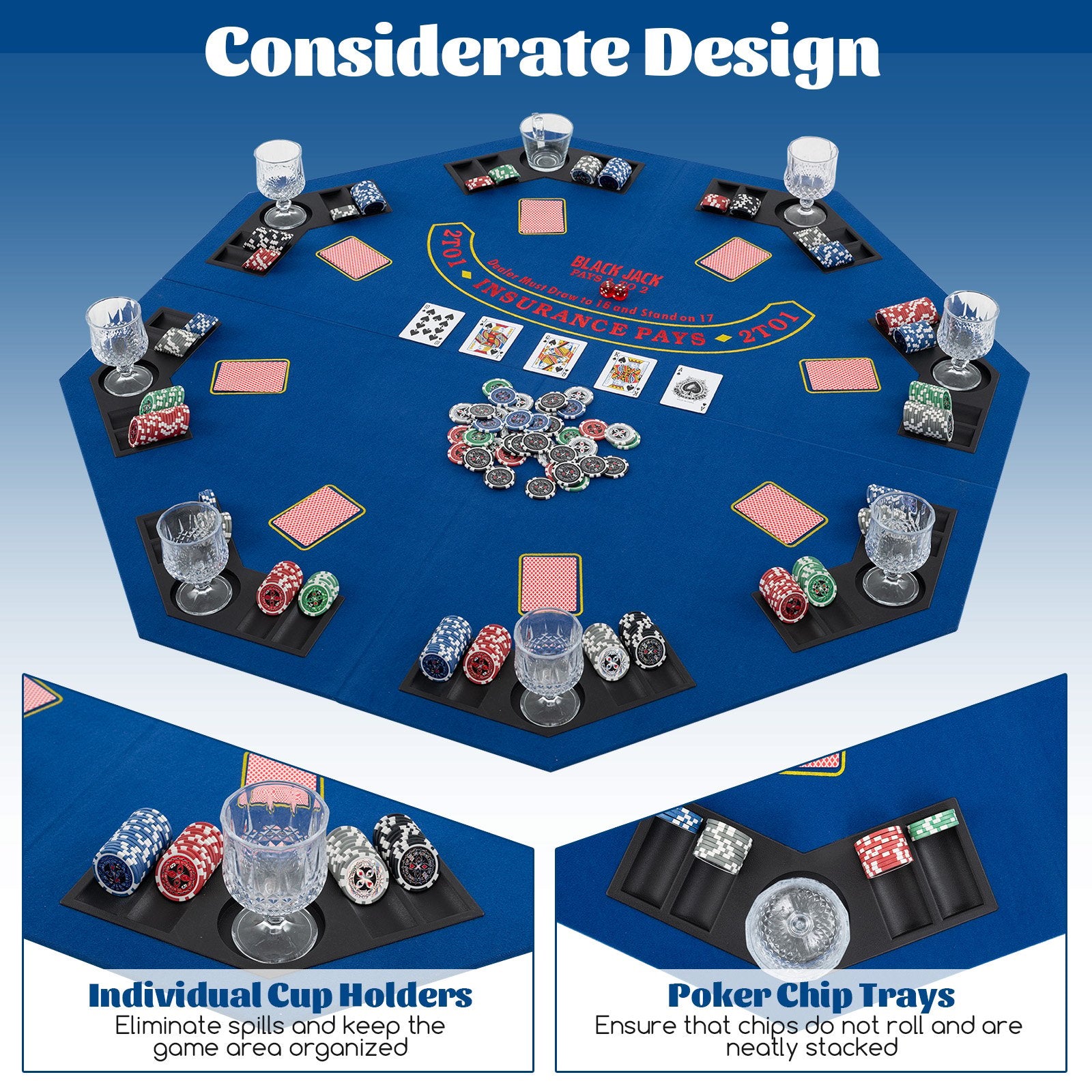 48 Inch 8-Player Foldable Poker Table Top with Carrying Bag and Cup Holders, Blue Game Room at Gallery Canada