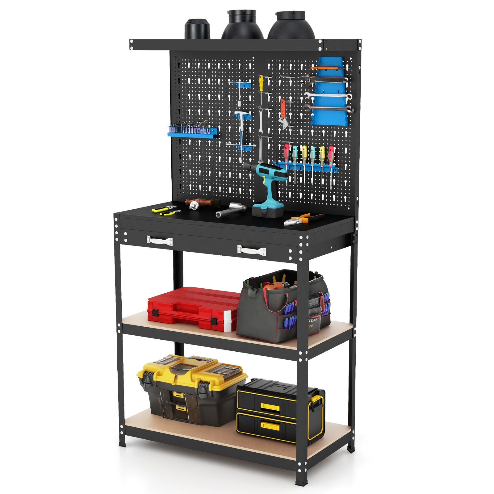 Tool Storage Workbench with Pegboard with 14 Hanging Accessories for Garage-Black and Blue, Blue Garages at Gallery Canada