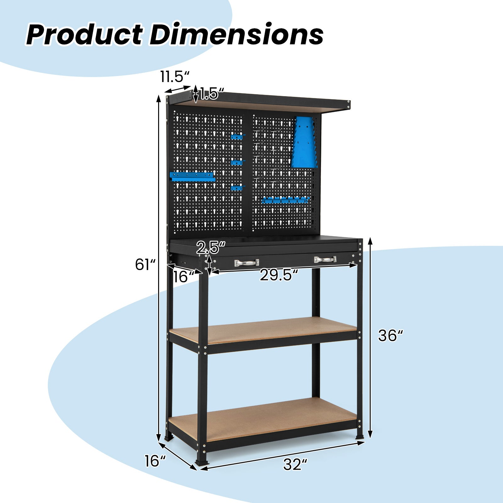 Tool Storage Workbench with Pegboard with 14 Hanging Accessories for Garage-Black and Blue, Blue Garages at Gallery Canada