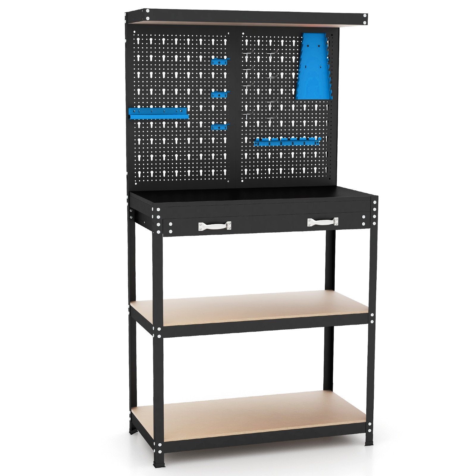 Tool Storage Workbench with Pegboard with 14 Hanging Accessories for Garage-Black and Blue, Blue Garages Blue at Gallery Canada