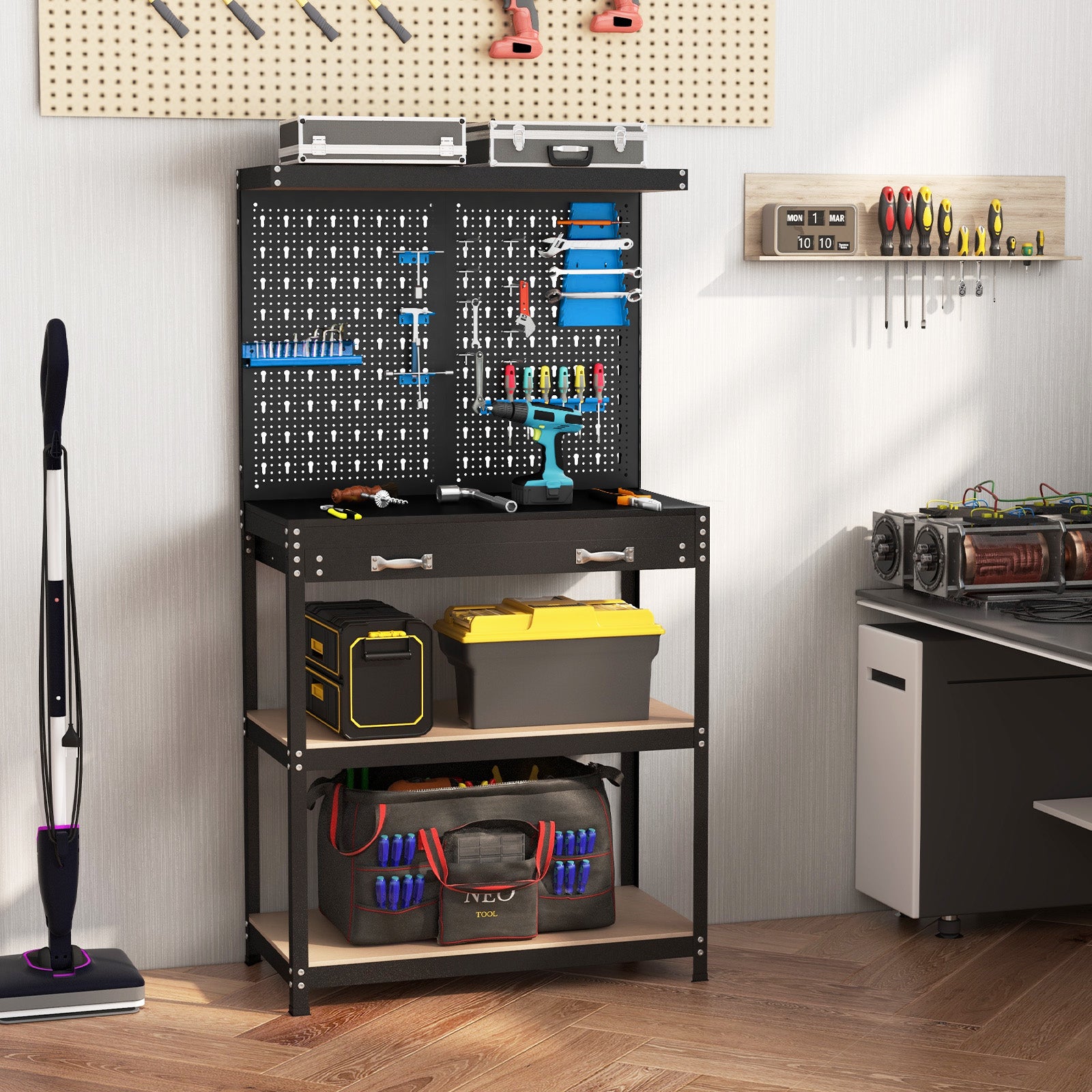 Tool Storage Workbench with Pegboard with 14 Hanging Accessories for Garage-Black and Blue, Blue Garages at Gallery Canada