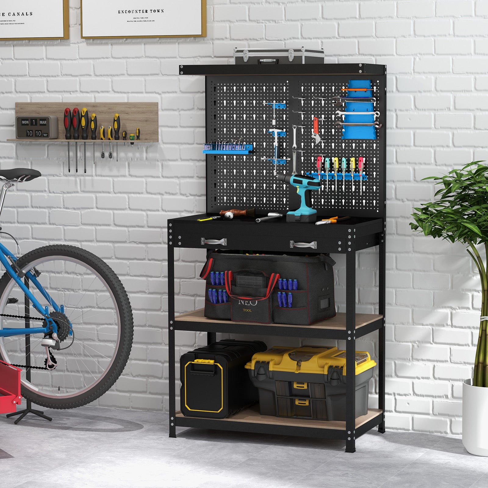 Tool Storage Workbench with Pegboard with 14 Hanging Accessories for Garage-Black and Blue, Blue Garages at Gallery Canada