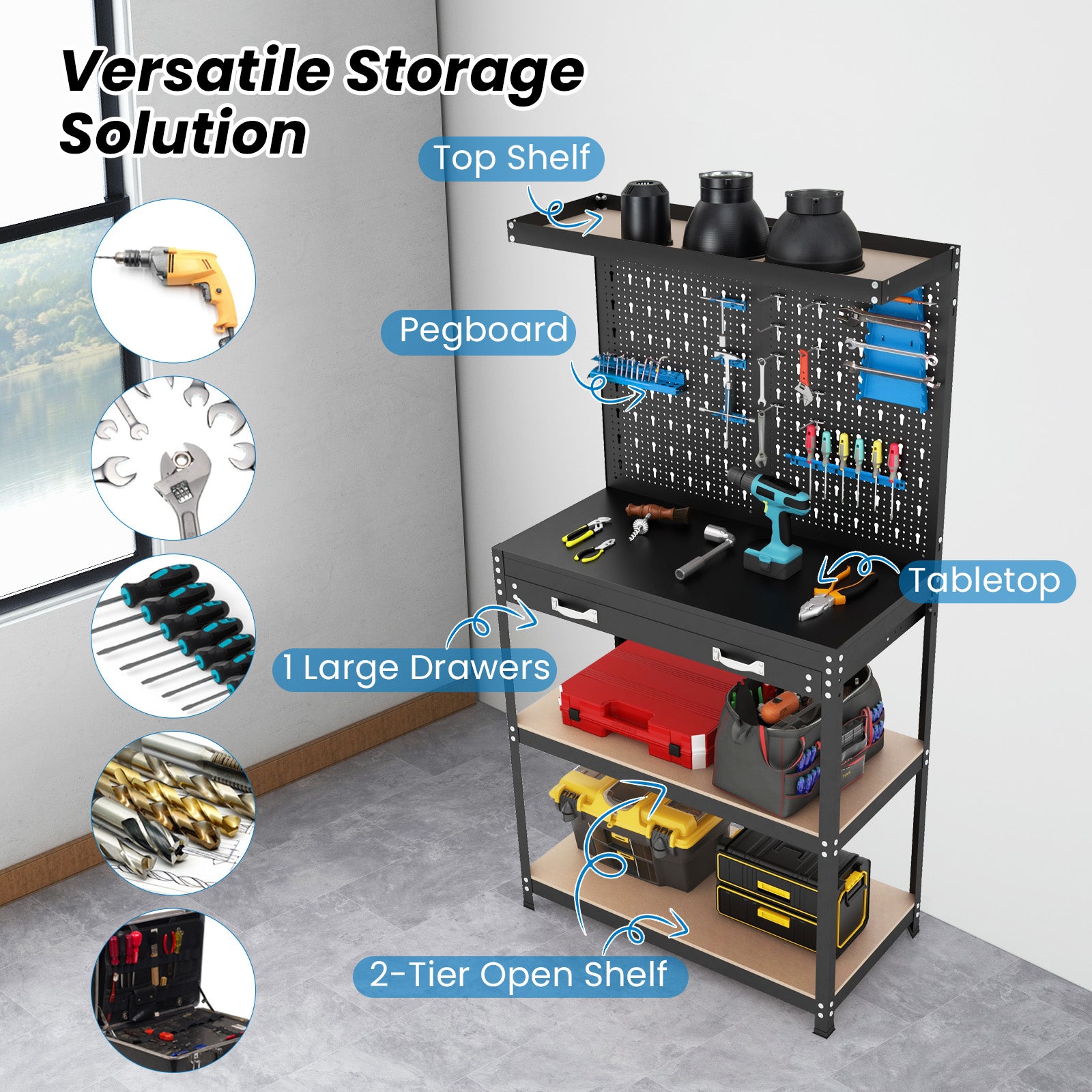 Tool Storage Workbench with Pegboard with 14 Hanging Accessories for Garage-Black and Blue, Blue Garages at Gallery Canada