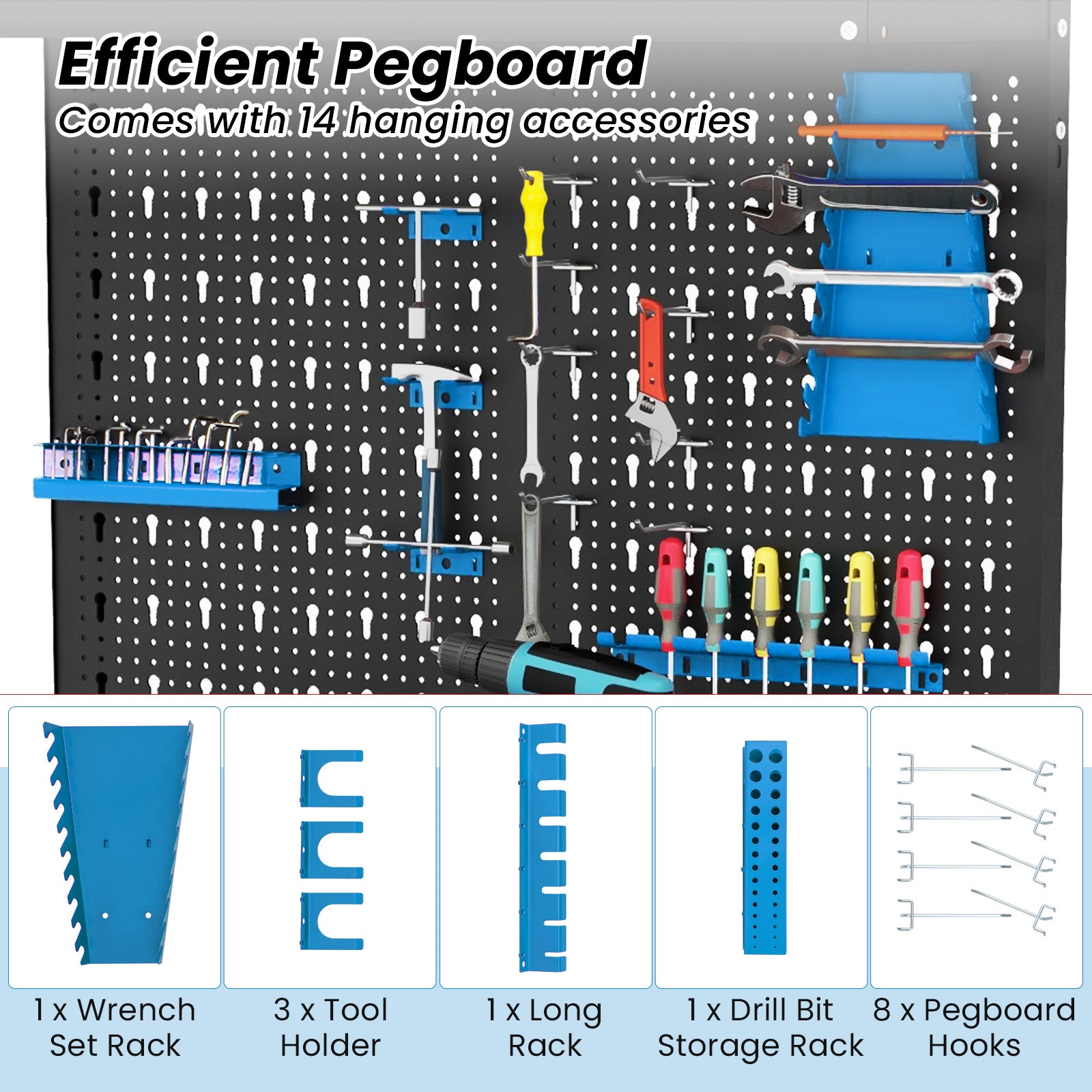 Tool Storage Workbench with Pegboard with 14 Hanging Accessories for Garage-Black and Blue, Blue Garages at Gallery Canada
