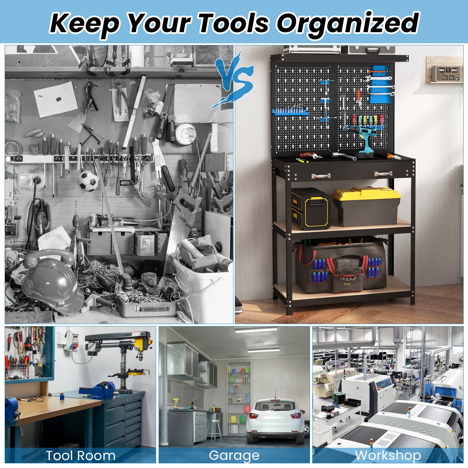 Tool Storage Workbench with Pegboard with 14 Hanging Accessories for Garage-Black and Blue, Blue Garages at Gallery Canada