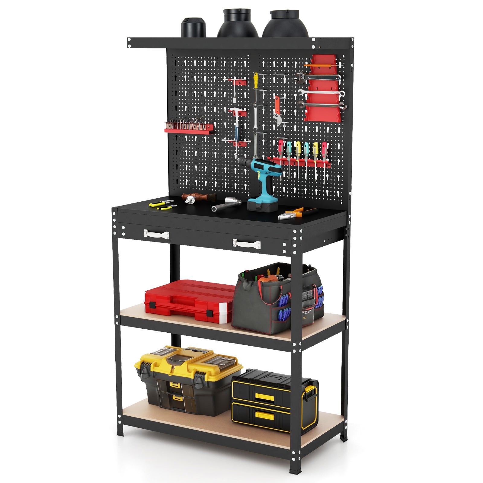 Tool Storage Workbench with Pegboard with 14 Hanging Accessories for Garage-Black and Red, Red Garages at Gallery Canada