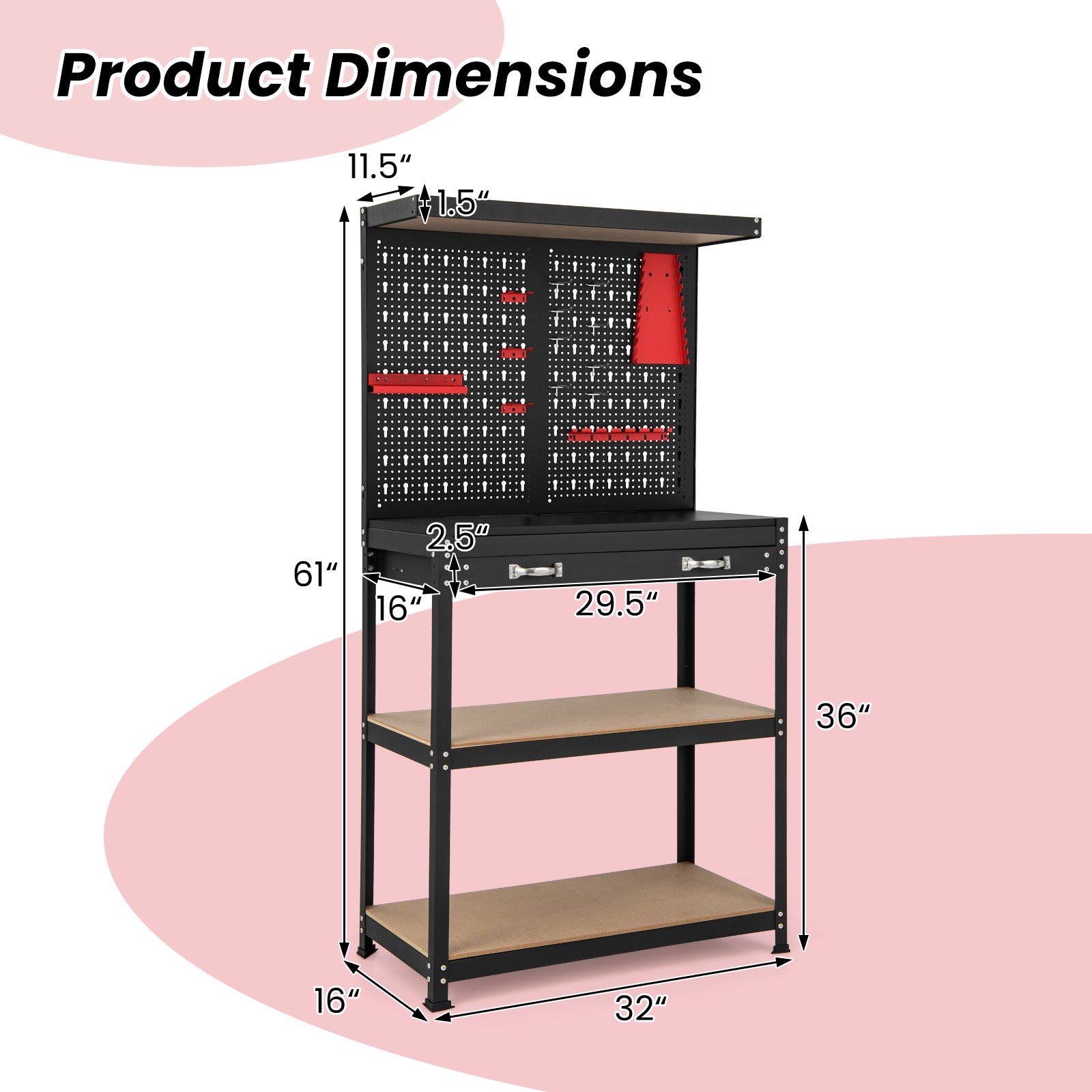 Tool Storage Workbench with Pegboard with 14 Hanging Accessories for Garage-Black and Red, Red Garages at Gallery Canada
