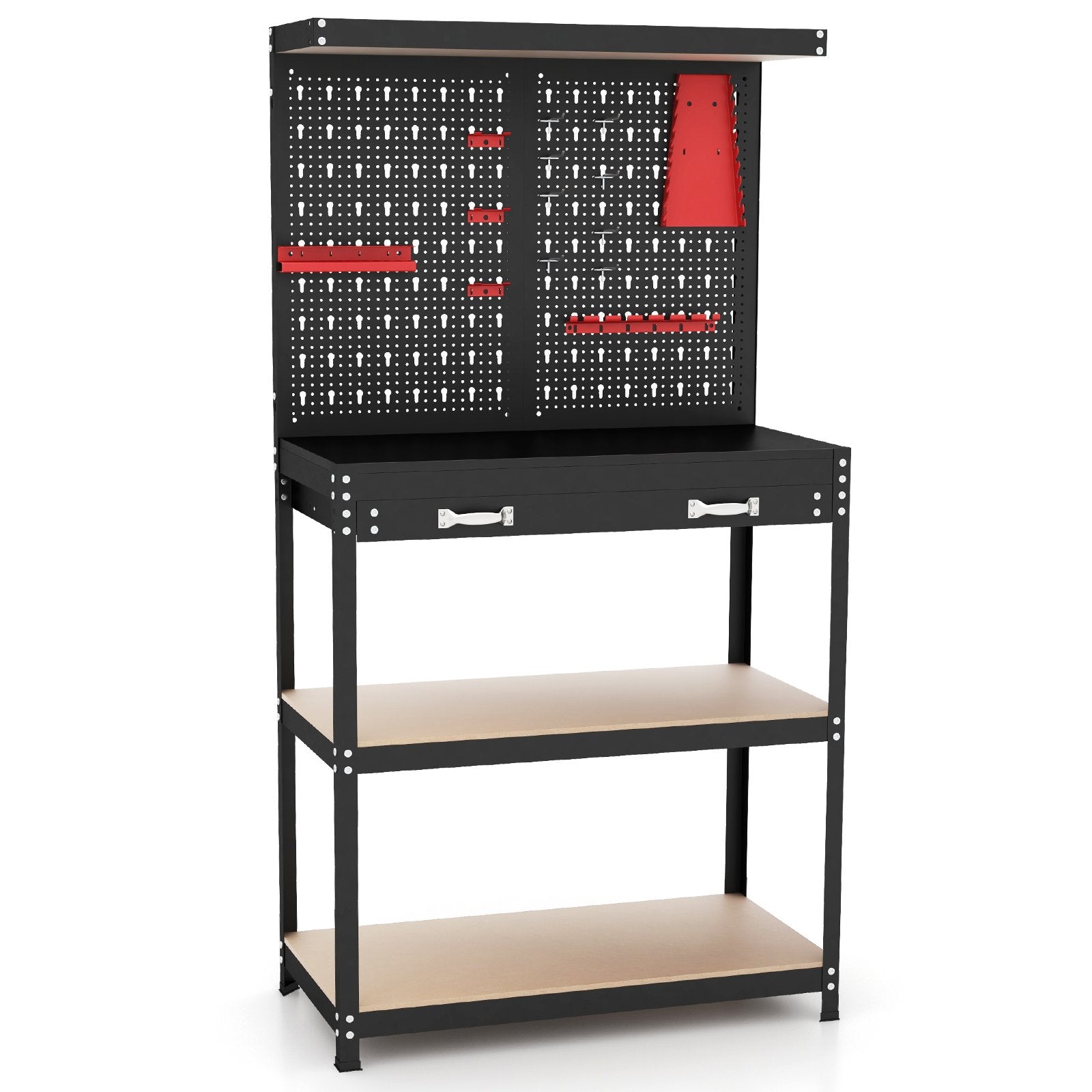 Tool Storage Workbench with Pegboard with 14 Hanging Accessories for Garage-Black and Red, Red Garages Red at Gallery Canada