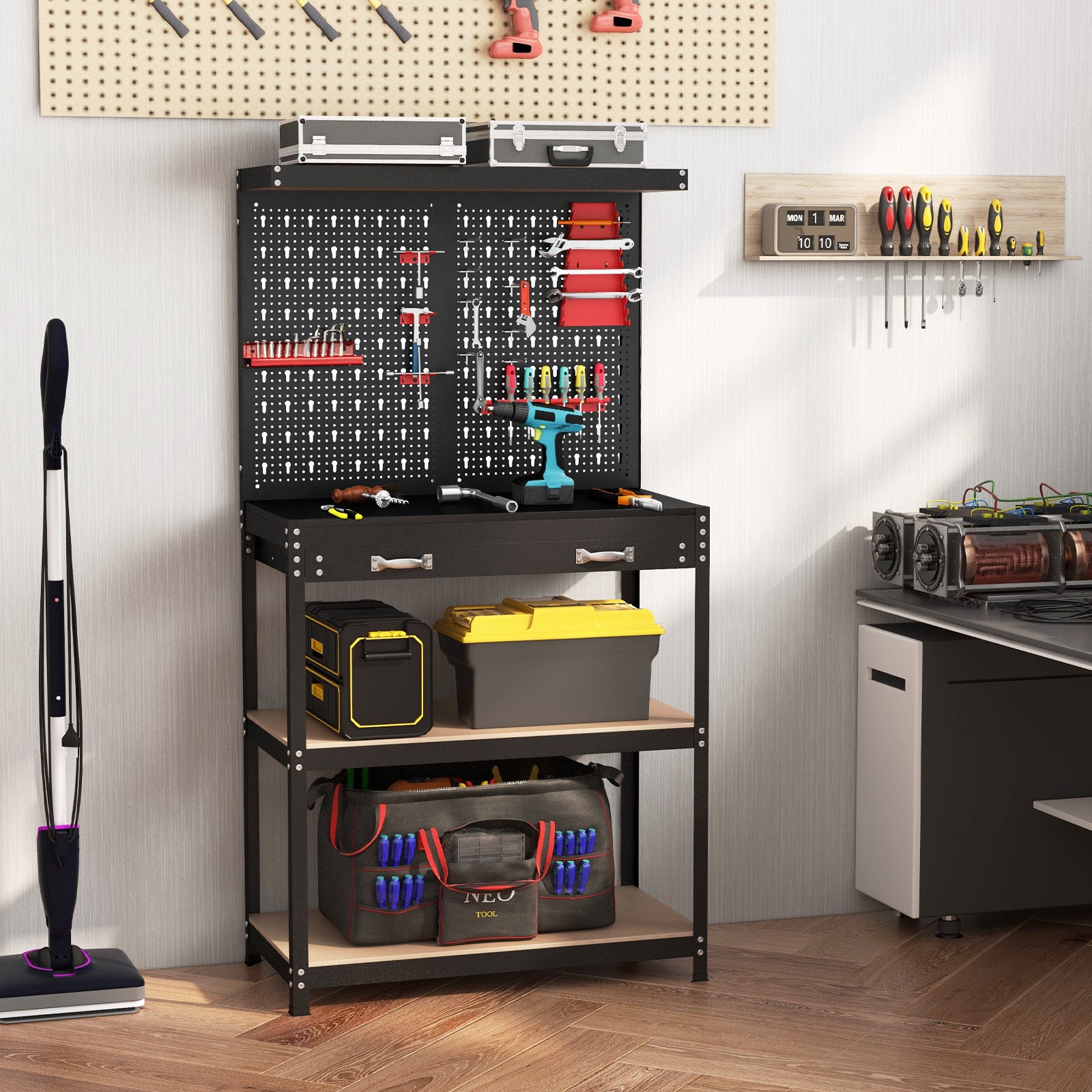 Tool Storage Workbench with Pegboard with 14 Hanging Accessories for Garage-Black and Red, Red Garages at Gallery Canada