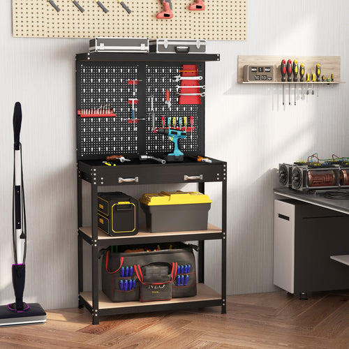 Tool Storage Workbench with Pegboard with 14 Hanging Accessories for Garage-Black and Red, Red