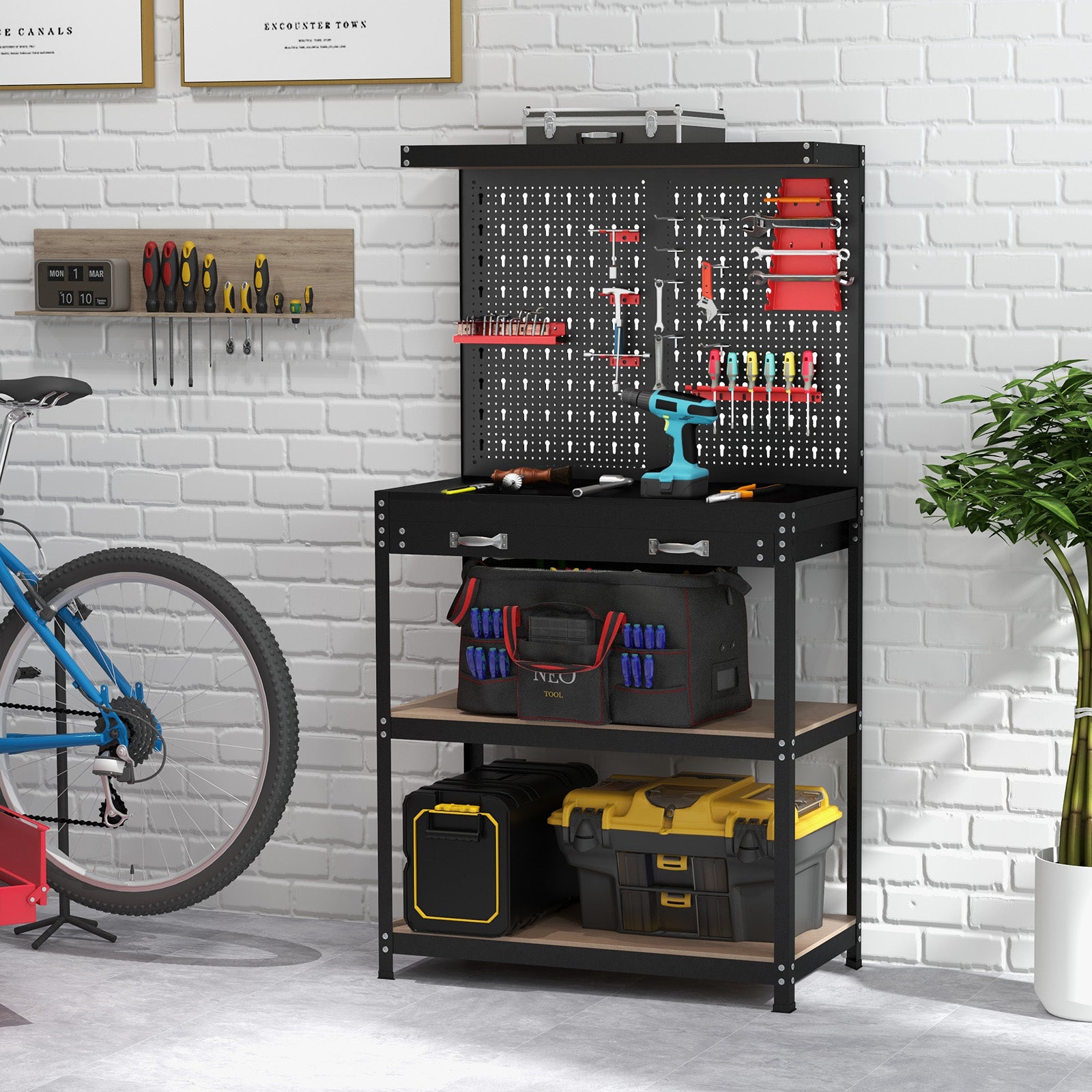 Tool Storage Workbench with Pegboard with 14 Hanging Accessories for Garage-Black and Red, Red Garages at Gallery Canada