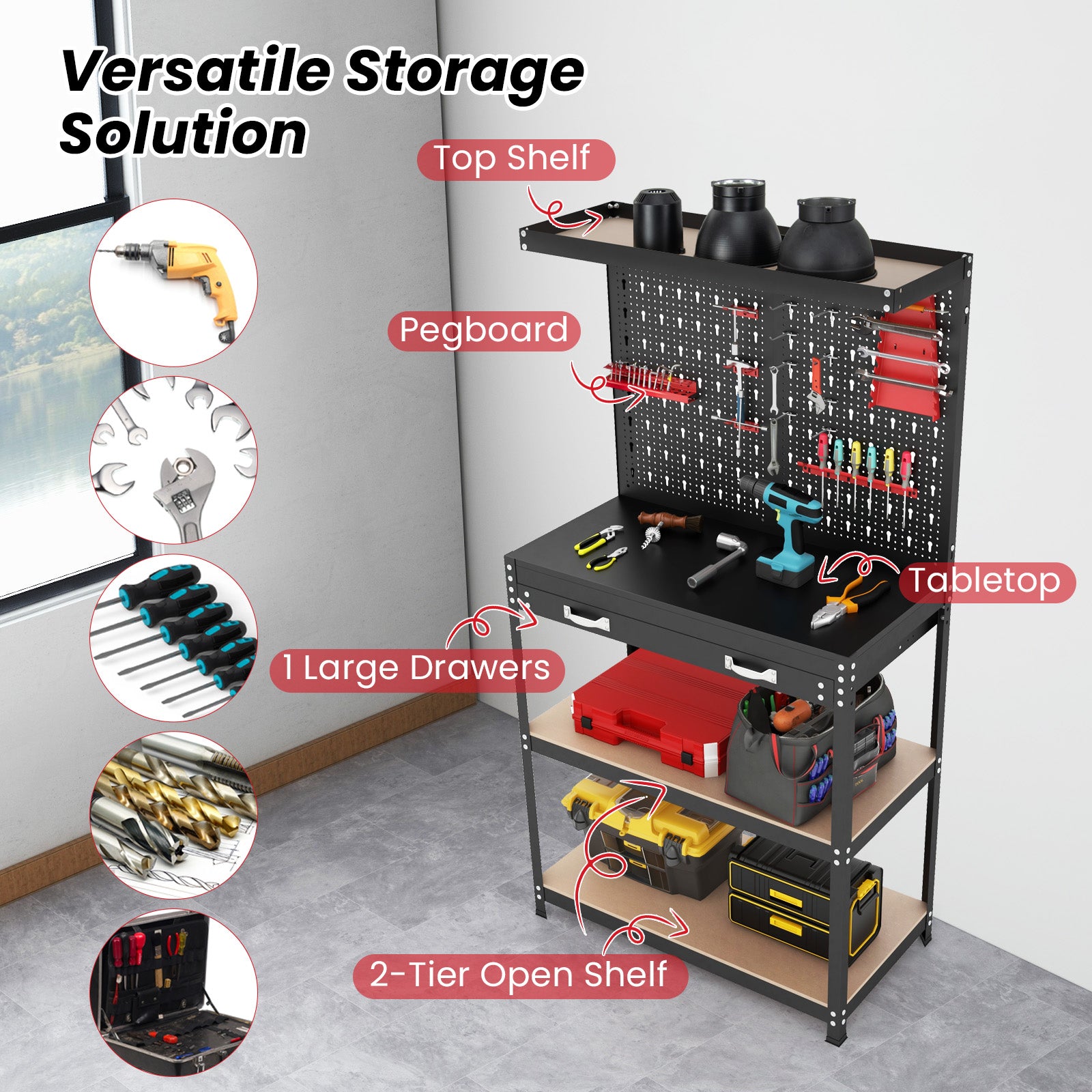 Tool Storage Workbench with Pegboard with 14 Hanging Accessories for Garage-Black and Red, Red Garages at Gallery Canada