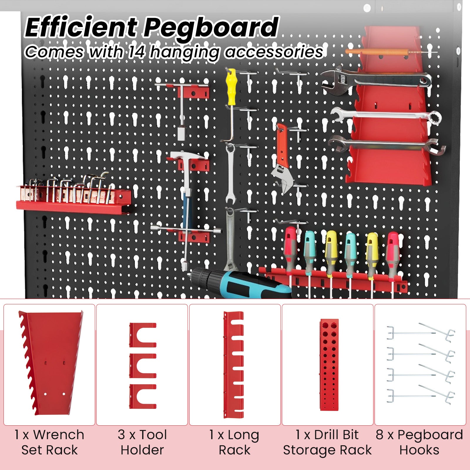 Tool Storage Workbench with Pegboard with 14 Hanging Accessories for Garage-Black and Red, Red Garages at Gallery Canada
