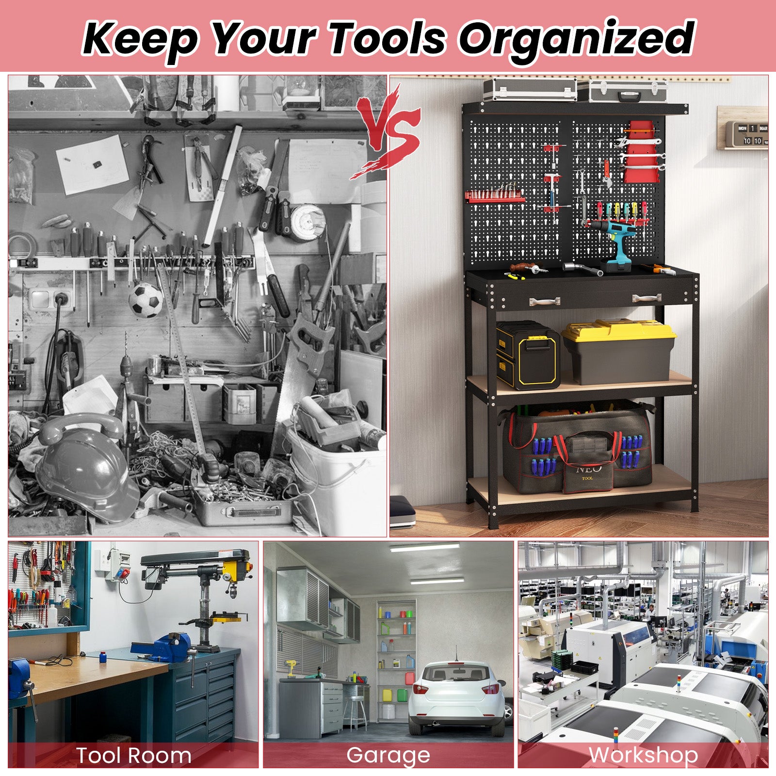 Tool Storage Workbench with Pegboard with 14 Hanging Accessories for Garage-Black and Red, Red Garages at Gallery Canada