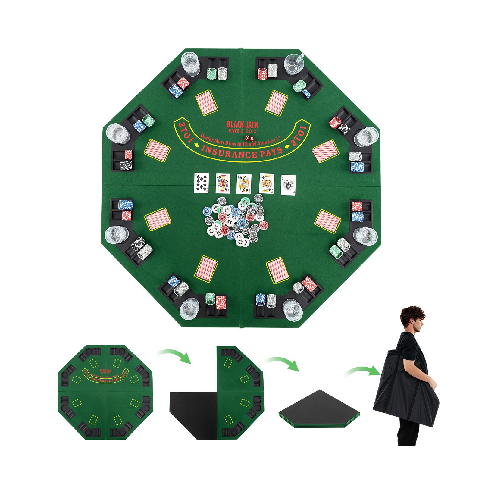48 Inch 8-Player Foldable Poker Table Top with Carrying Bag and Cup Holders, Green Game Room at Gallery Canada