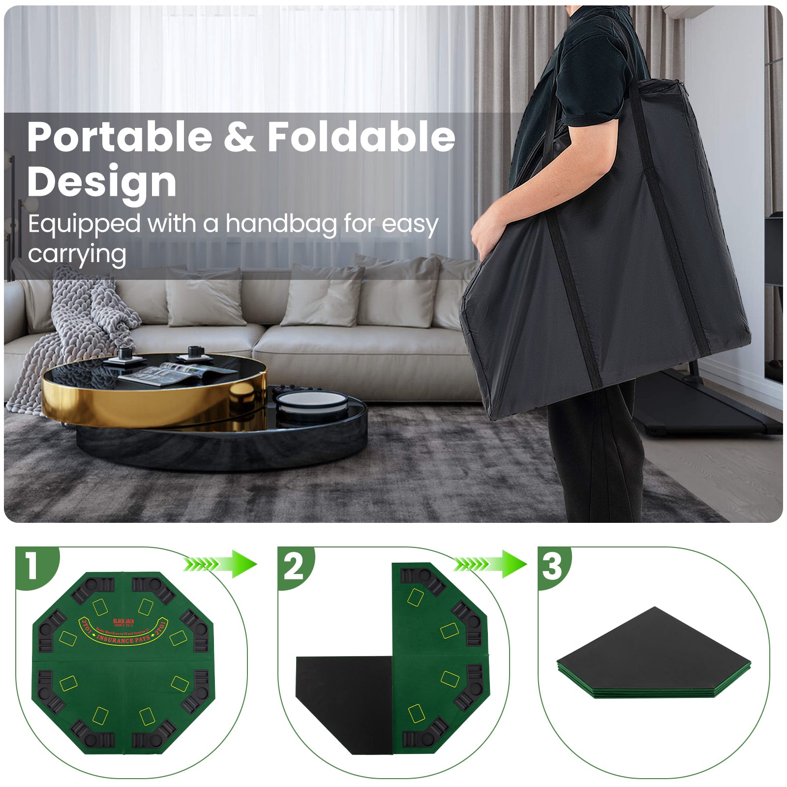48 Inch 8-Player Foldable Poker Table Top with Carrying Bag and Cup Holders, Green Game Room at Gallery Canada