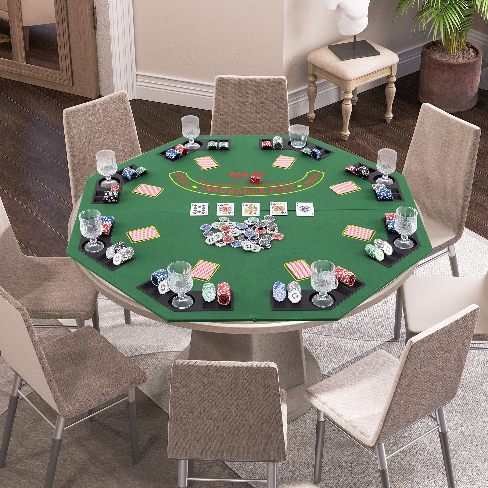 48 Inch 8-Player Foldable Poker Table Top with Carrying Bag and Cup Holders, Green Game Room at Gallery Canada