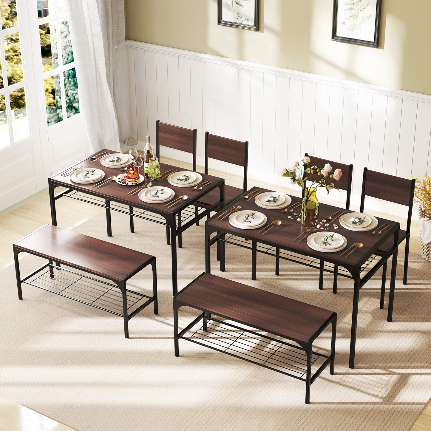 Industrial Style Rectangular Kitchen Table with Bench and Chairs, Walnut Dining Room Sets at Gallery Canada