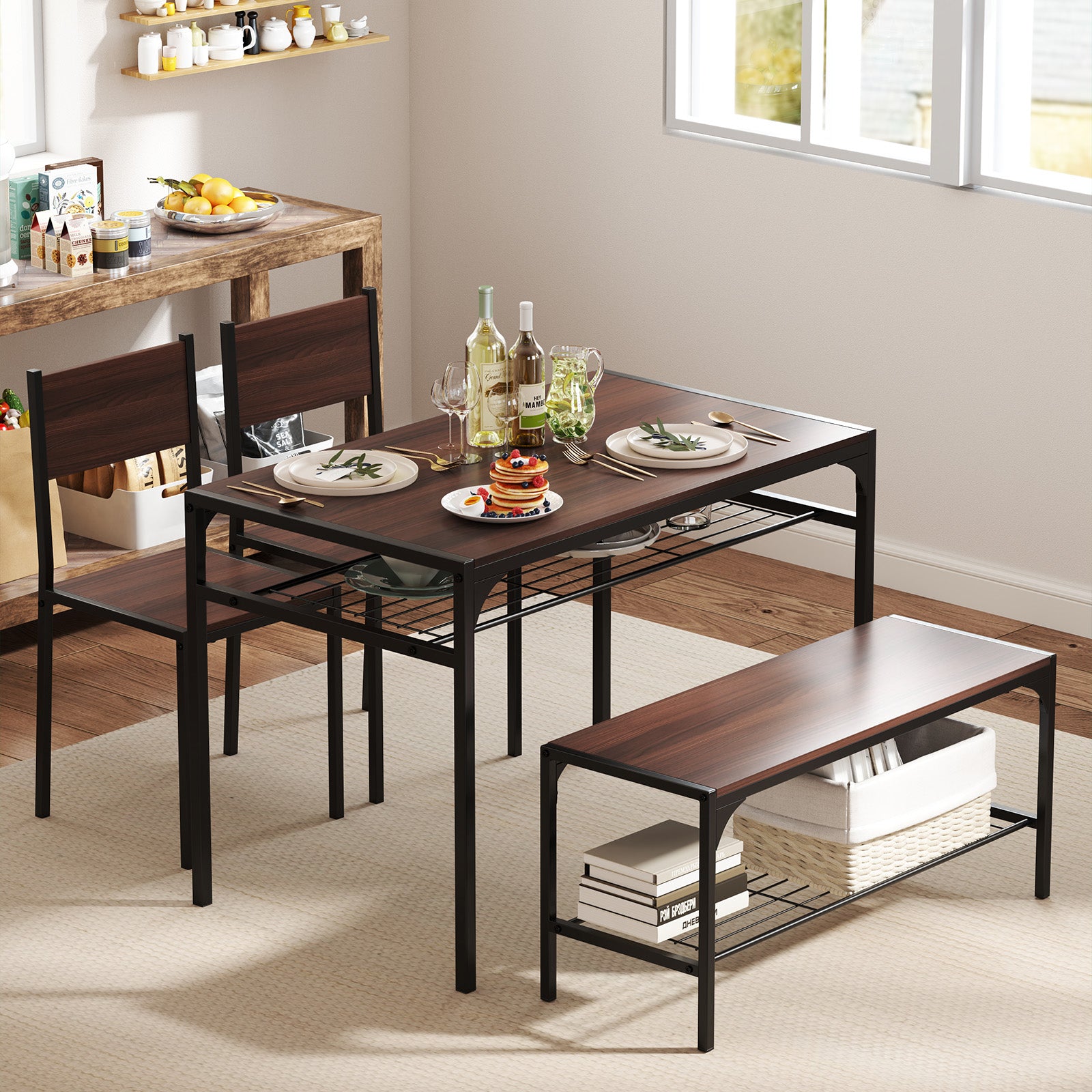 Industrial Style Rectangular Kitchen Table with Bench and Chairs, Walnut Dining Room Sets at Gallery Canada