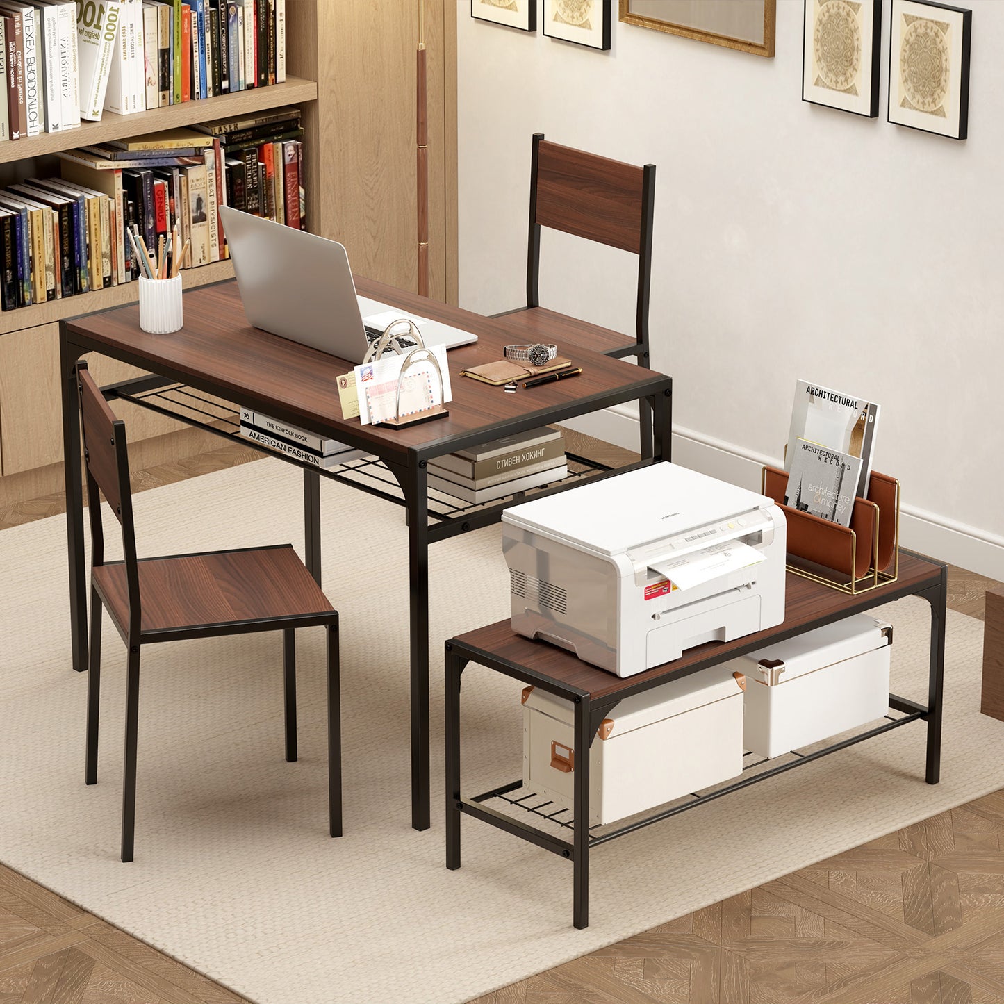 Industrial Style Rectangular Kitchen Table with Bench and Chairs, Walnut Dining Room Sets at Gallery Canada