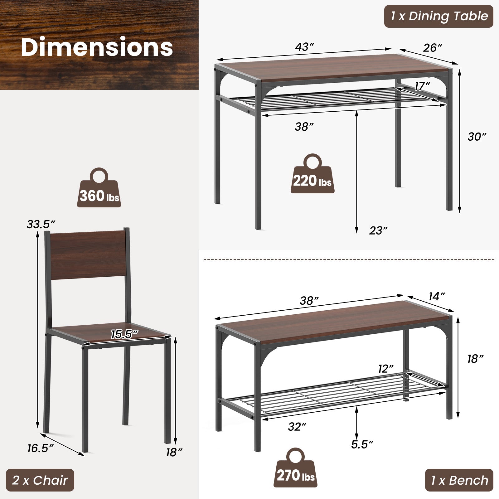 Industrial Style Rectangular Kitchen Table with Bench and Chairs, Walnut Dining Room Sets at Gallery Canada