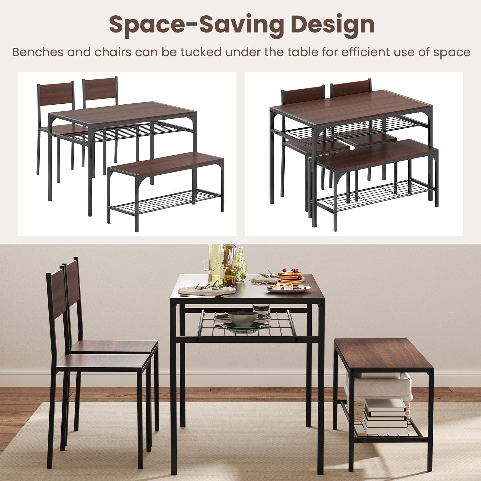 Industrial Style Rectangular Kitchen Table with Bench and Chairs, Walnut Dining Room Sets at Gallery Canada