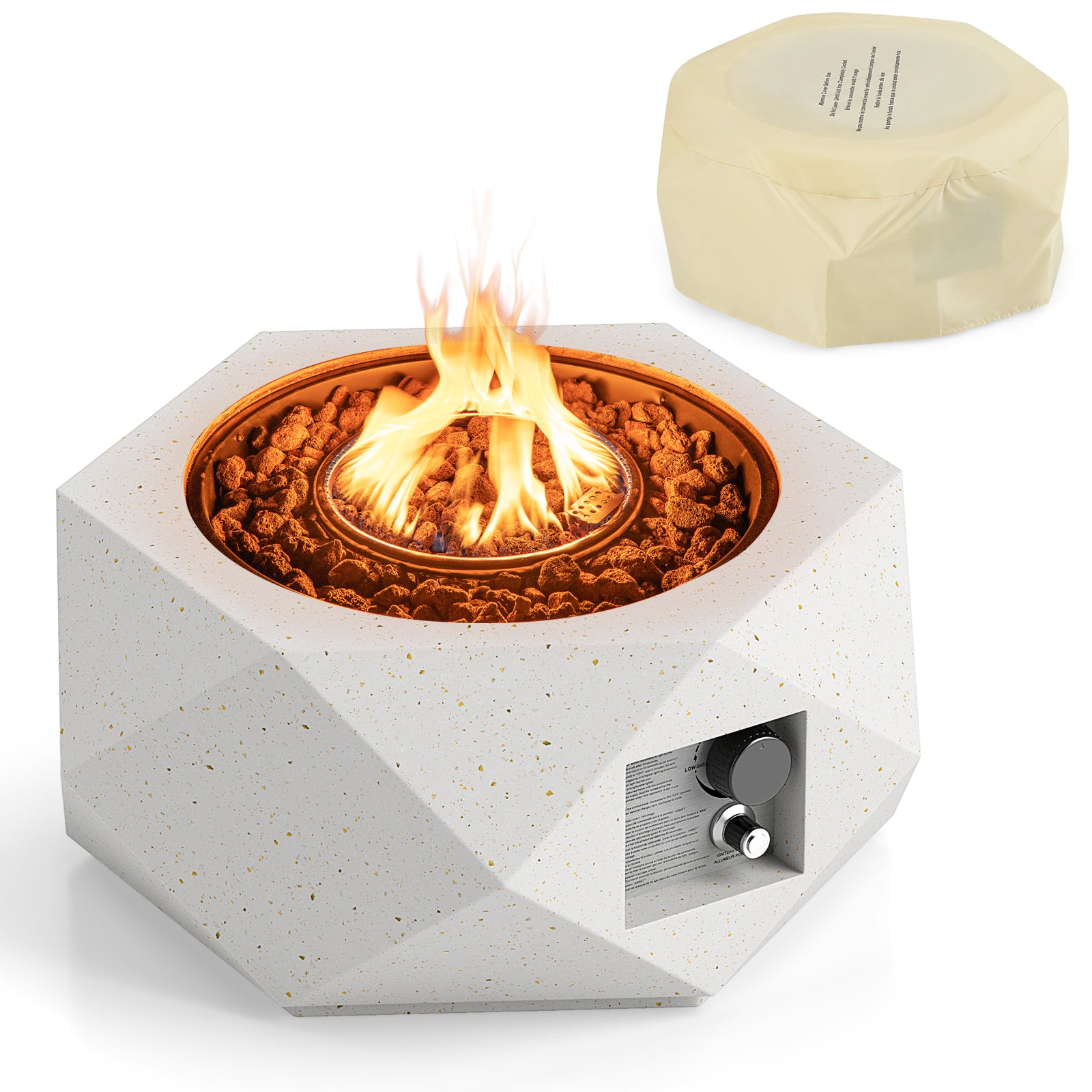 40000 BTU 28 Inch Hexagon Terrazzo Propane Fire Pit Table with Stainless Steel Burner, White Fire Pit Tables at Gallery Canada
