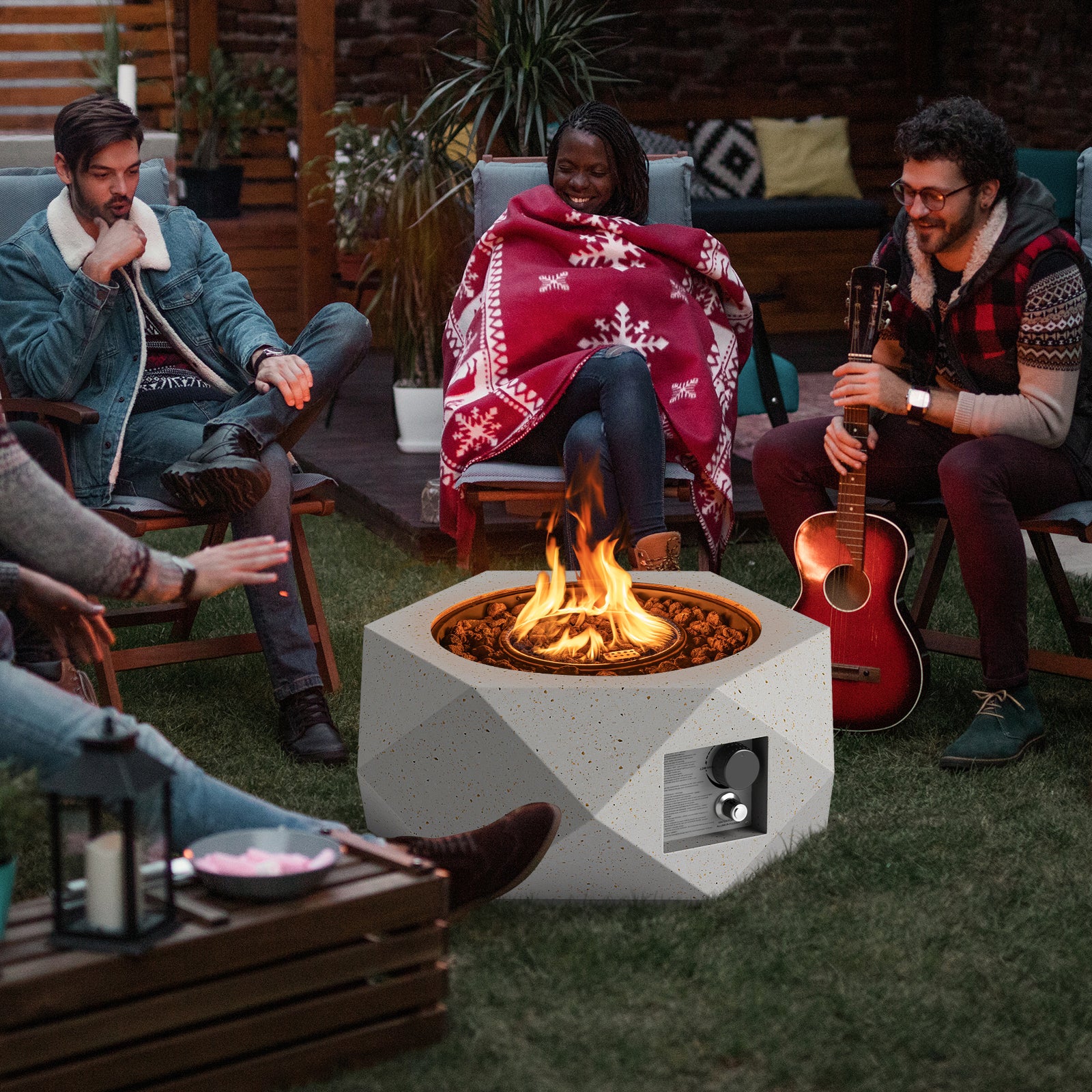 40000 BTU 28 Inch Hexagon Terrazzo Propane Fire Pit Table with Stainless Steel Burner, White Fire Pit Tables at Gallery Canada