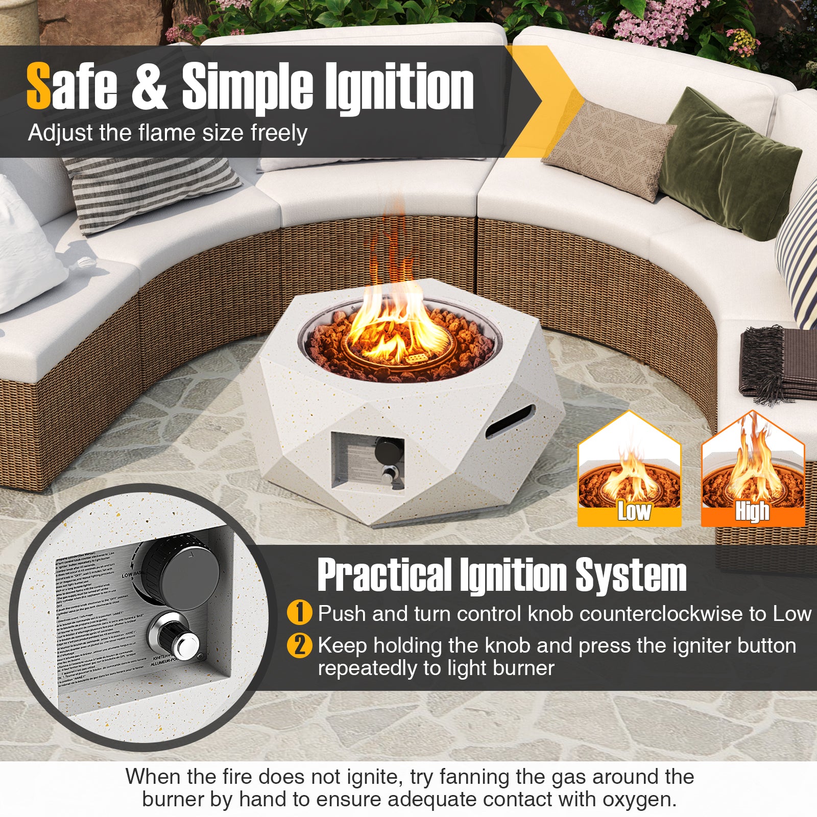 40000 BTU 28 Inch Hexagon Terrazzo Propane Fire Pit Table with Stainless Steel Burner, White Fire Pit Tables at Gallery Canada