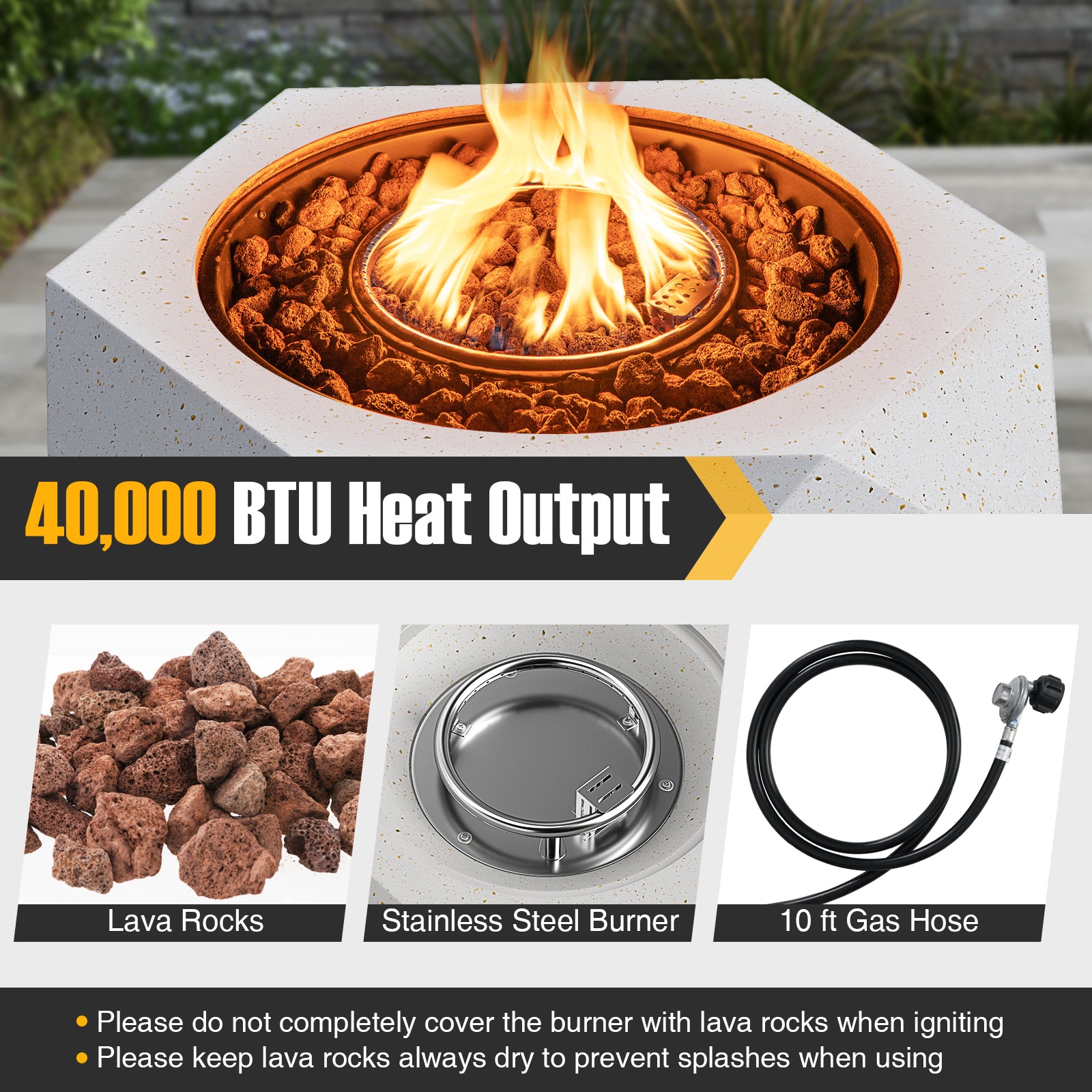 40000 BTU 28 Inch Hexagon Terrazzo Propane Fire Pit Table with Stainless Steel Burner, White Fire Pit Tables at Gallery Canada