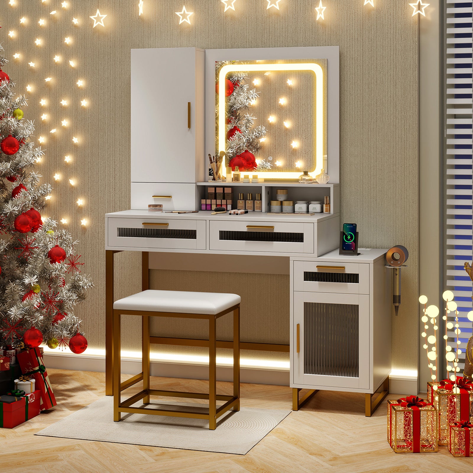 Makeup Vanity Desk Dressing Table and Stool Set with Lighted Mirror, White Makeup Vanities at Gallery Canada