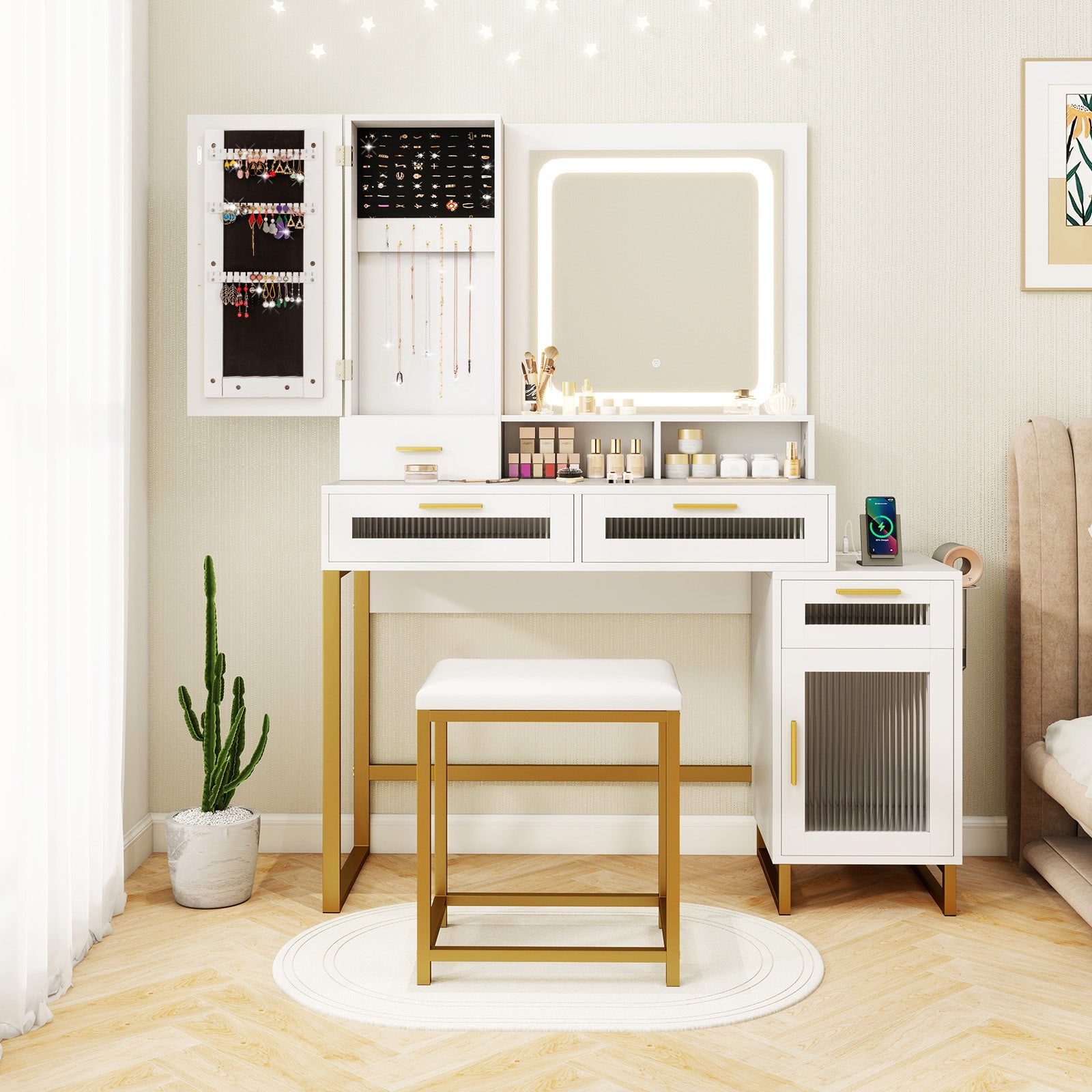 Makeup Vanity Desk Dressing Table and Stool Set with Lighted Mirror, White Makeup Vanities at Gallery Canada