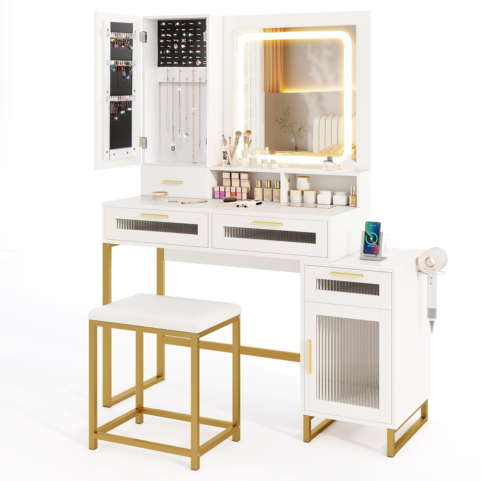 Makeup Vanity Desk Dressing Table and Stool Set with Lighted Mirror, White Makeup Vanities White at Gallery Canada