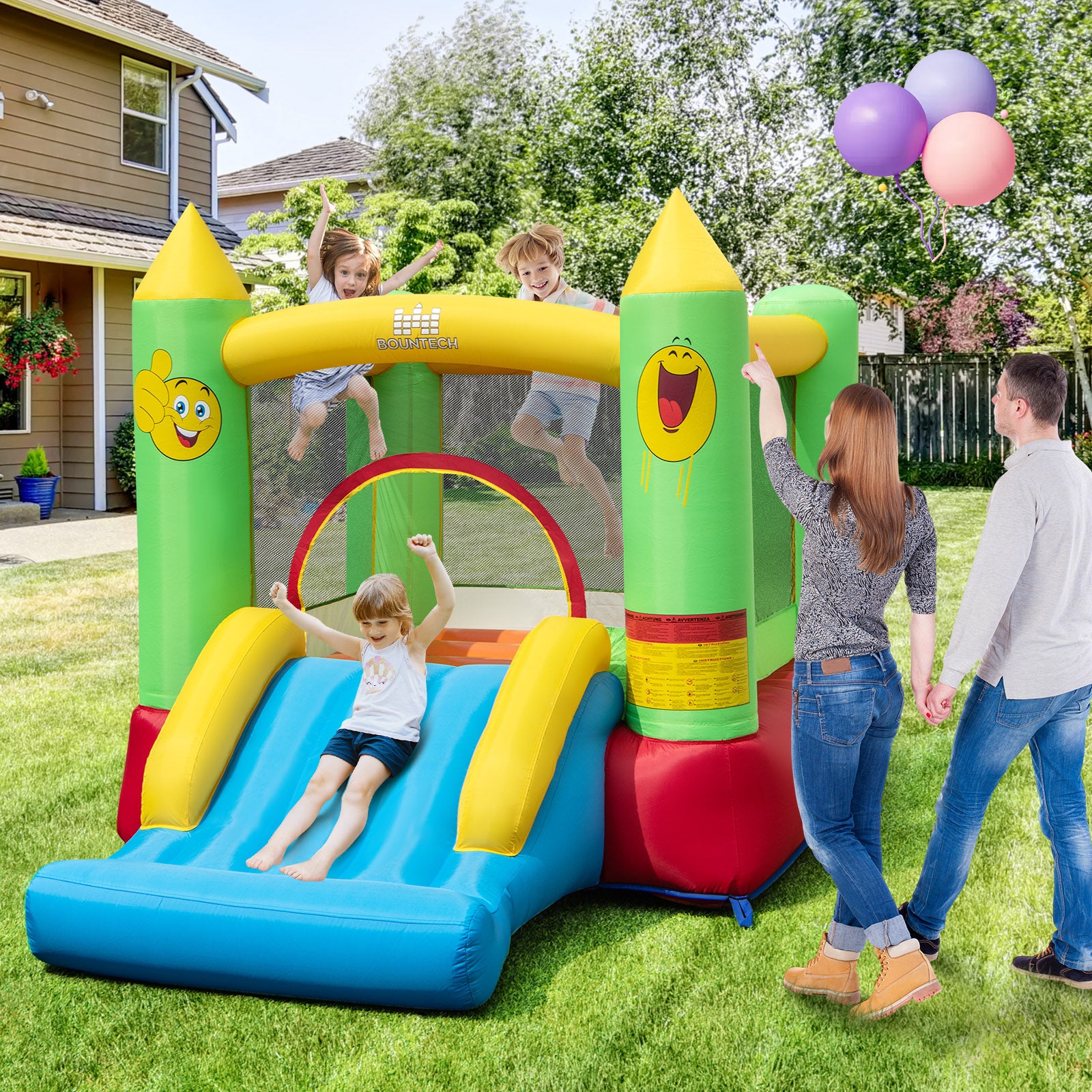 Inflatable Bounce House Kids Blow-up Bouncer with Slide with 480W Blower, Multicolor Bounce House at Gallery Canada