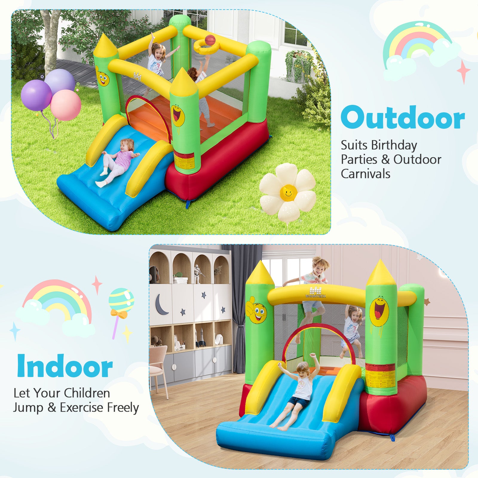 Inflatable Bounce House Kids Blow-up Bouncer with Slide with 480W Blower, Multicolor Bounce House at Gallery Canada