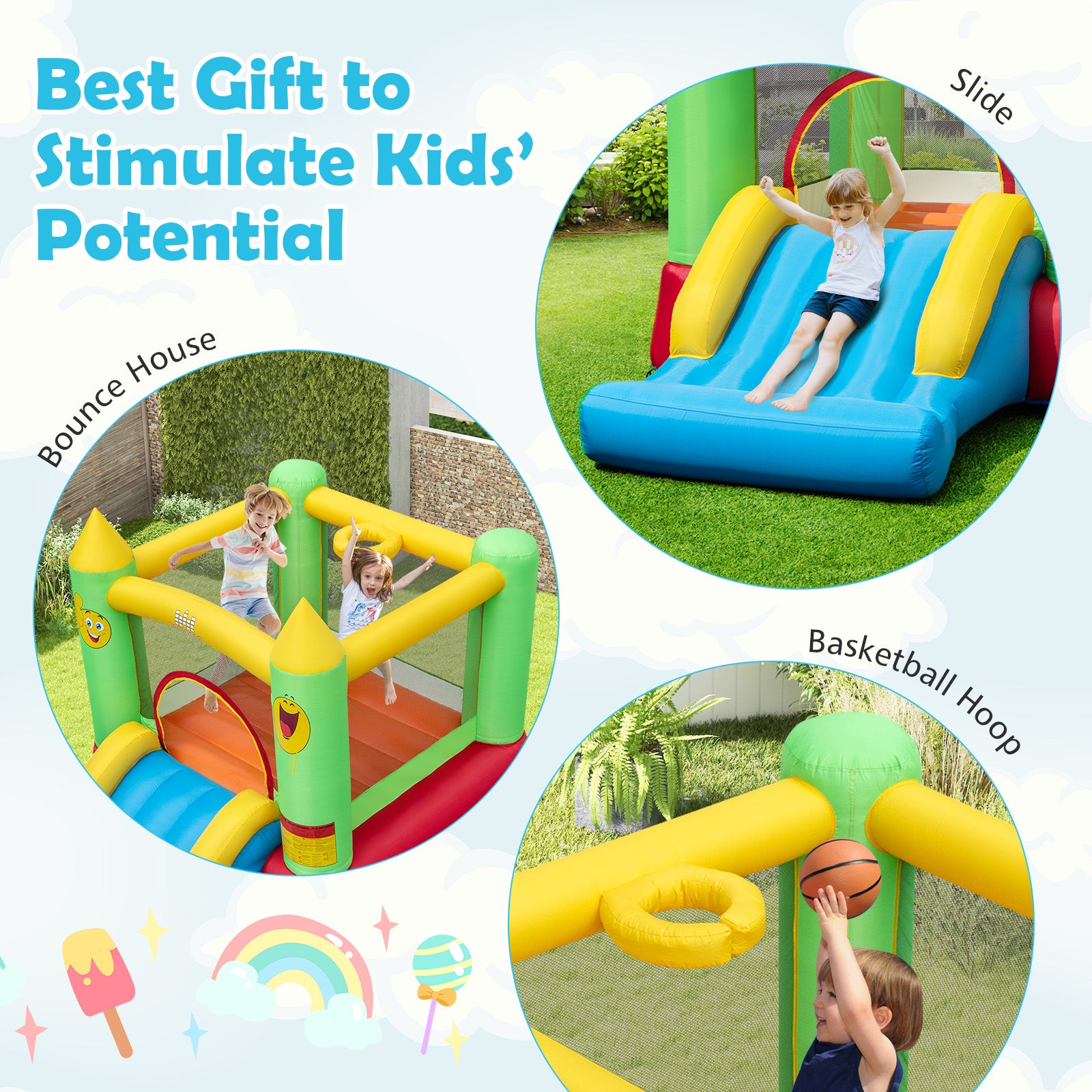 Inflatable Bounce House Kids Blow-up Bouncer with Slide with 480W Blower, Multicolor Bounce House at Gallery Canada