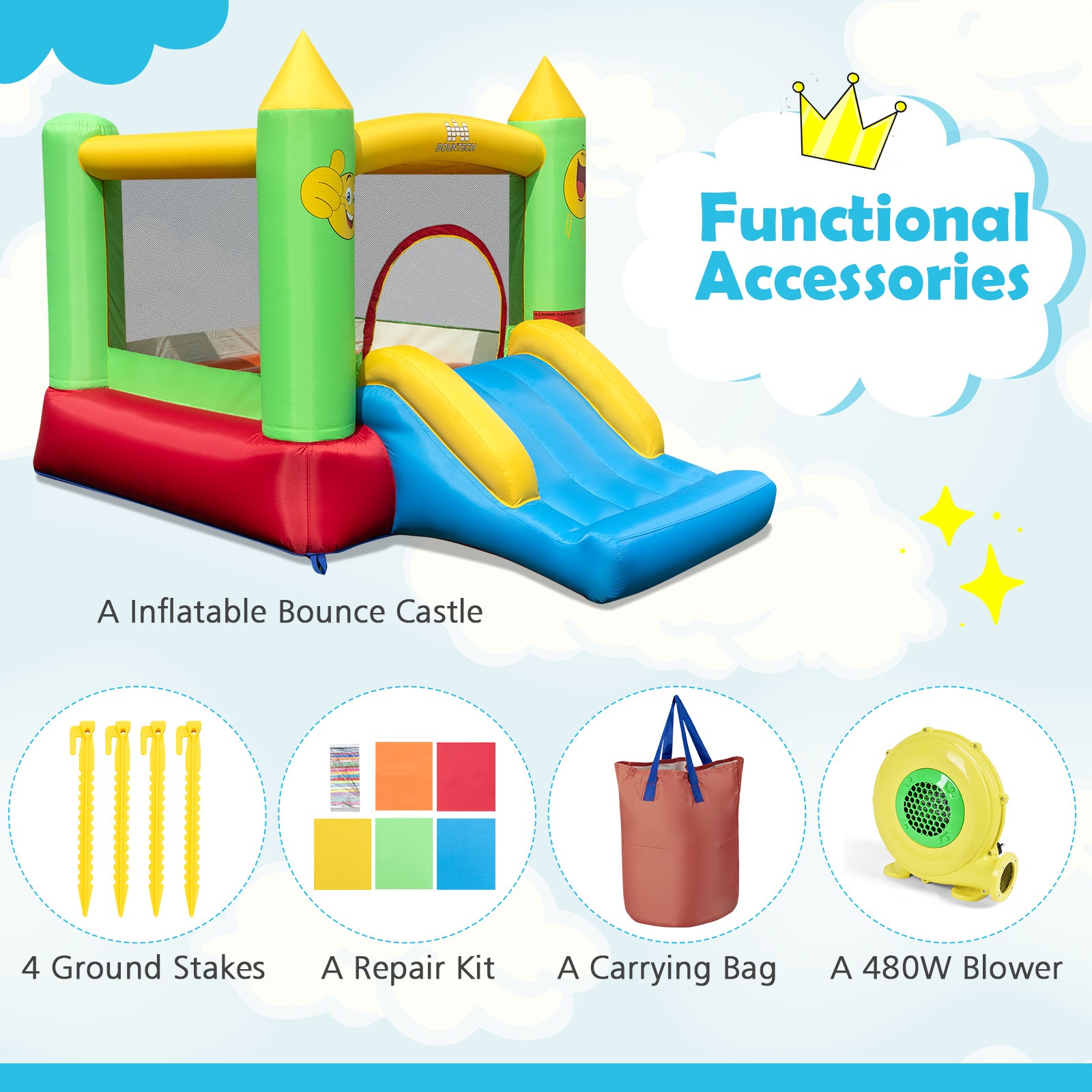 Inflatable Bounce House Kids Blow-up Bouncer with Slide with 480W Blower, Multicolor Bounce House at Gallery Canada