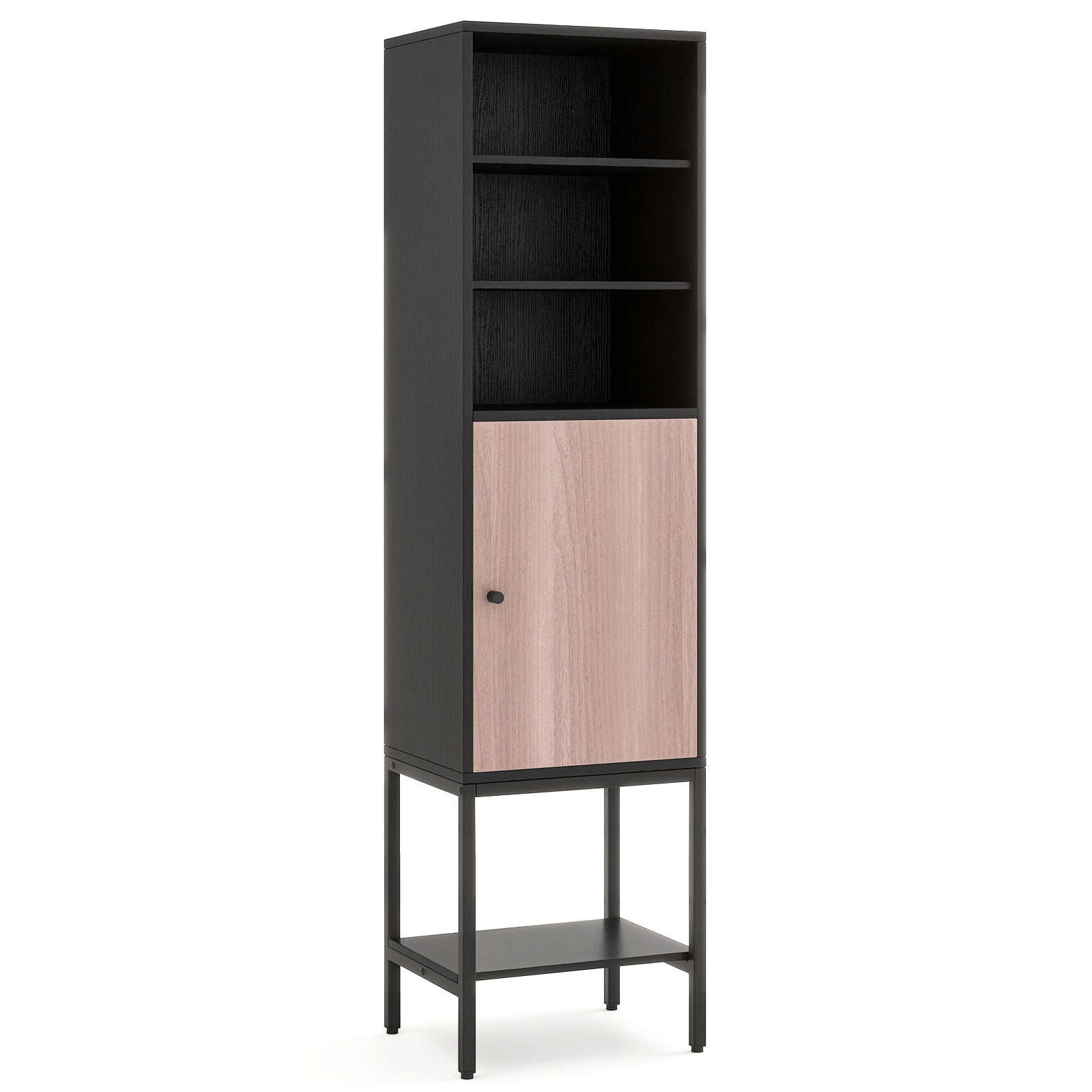 57 Inch Bathroom Tall Cabinet with 1 Door and 4 Shelves Narrow Storage Unit, Black Floor Cabinets Black at Gallery Canada