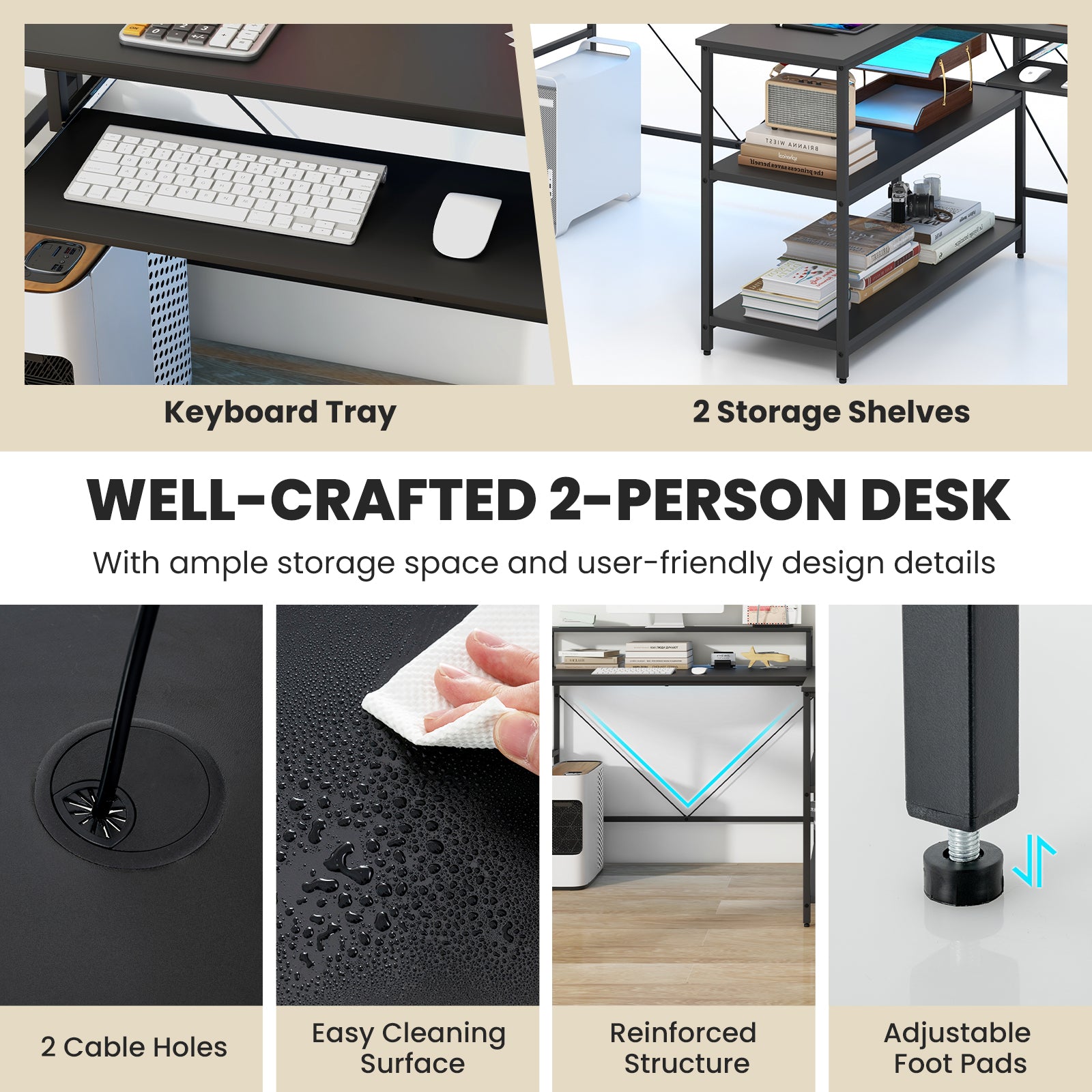 2-Person Reversible Computer Desk Long Office Desk with LED Lights, Black Computer Desks at Gallery Canada