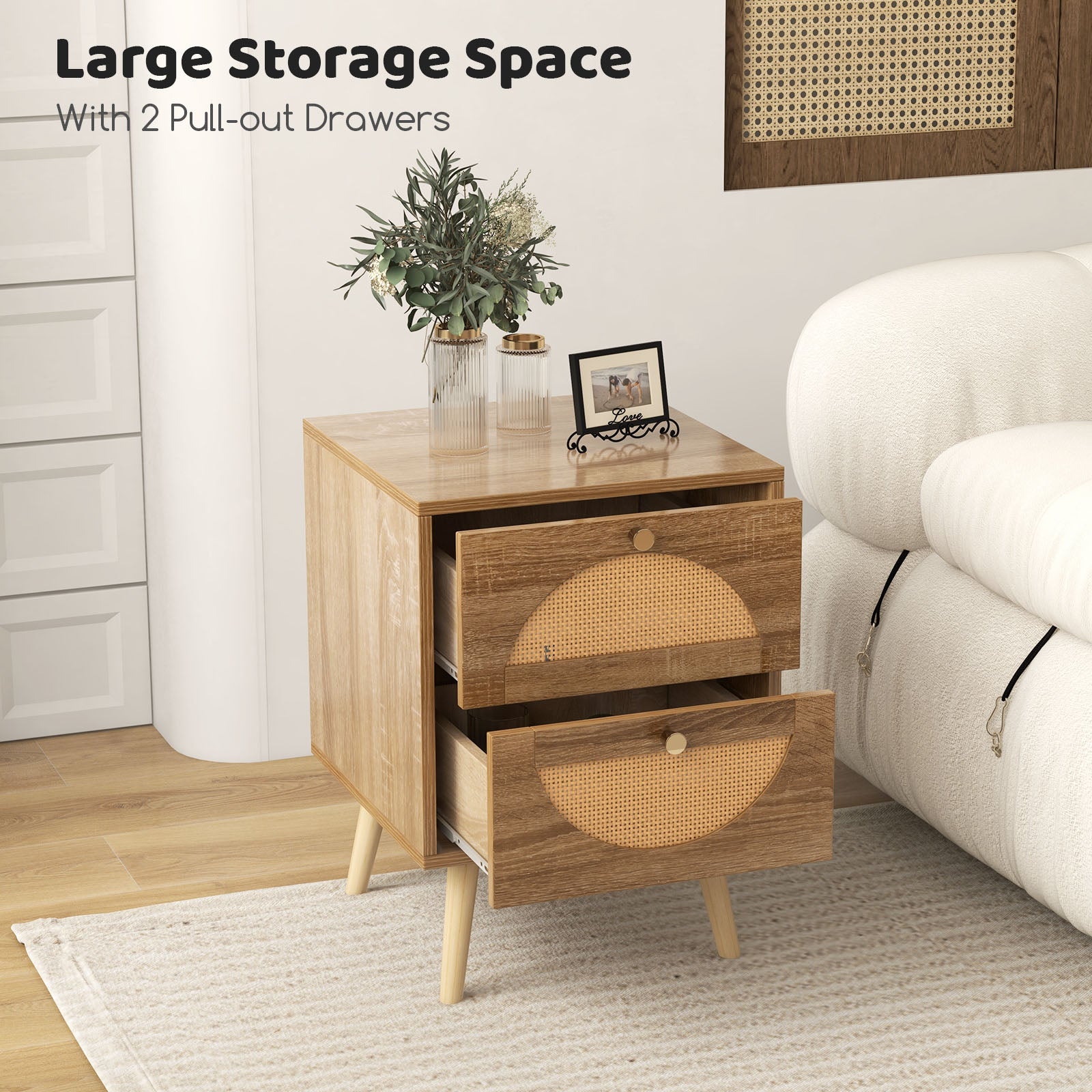 Set of 2 Rattan Nightstand with 2 Drawers and Solid Wood Legs-Natual, Natural Nightstands at Gallery Canada