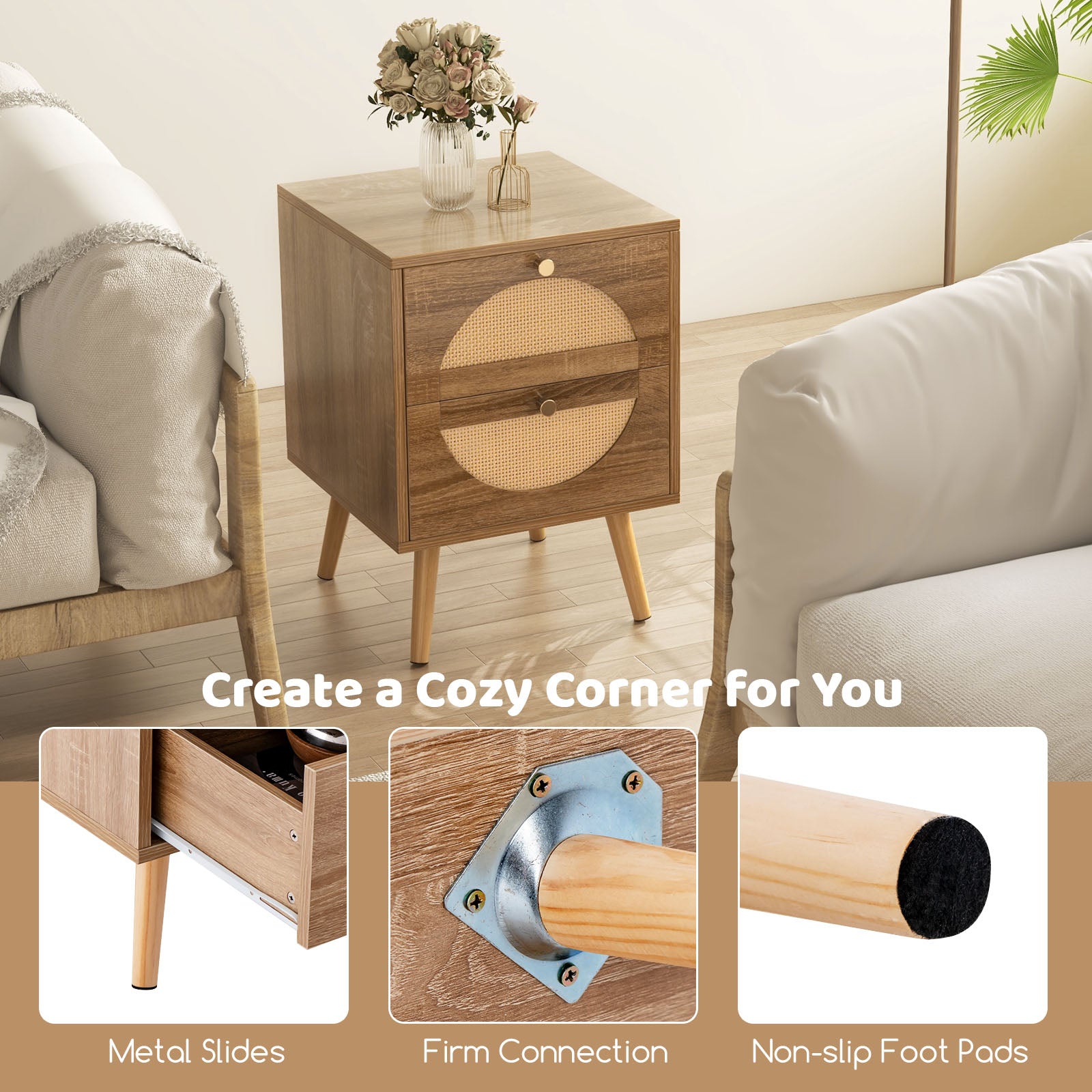 Set of 2 Rattan Nightstand with 2 Drawers and Solid Wood Legs-Natual, Natural Nightstands at Gallery Canada